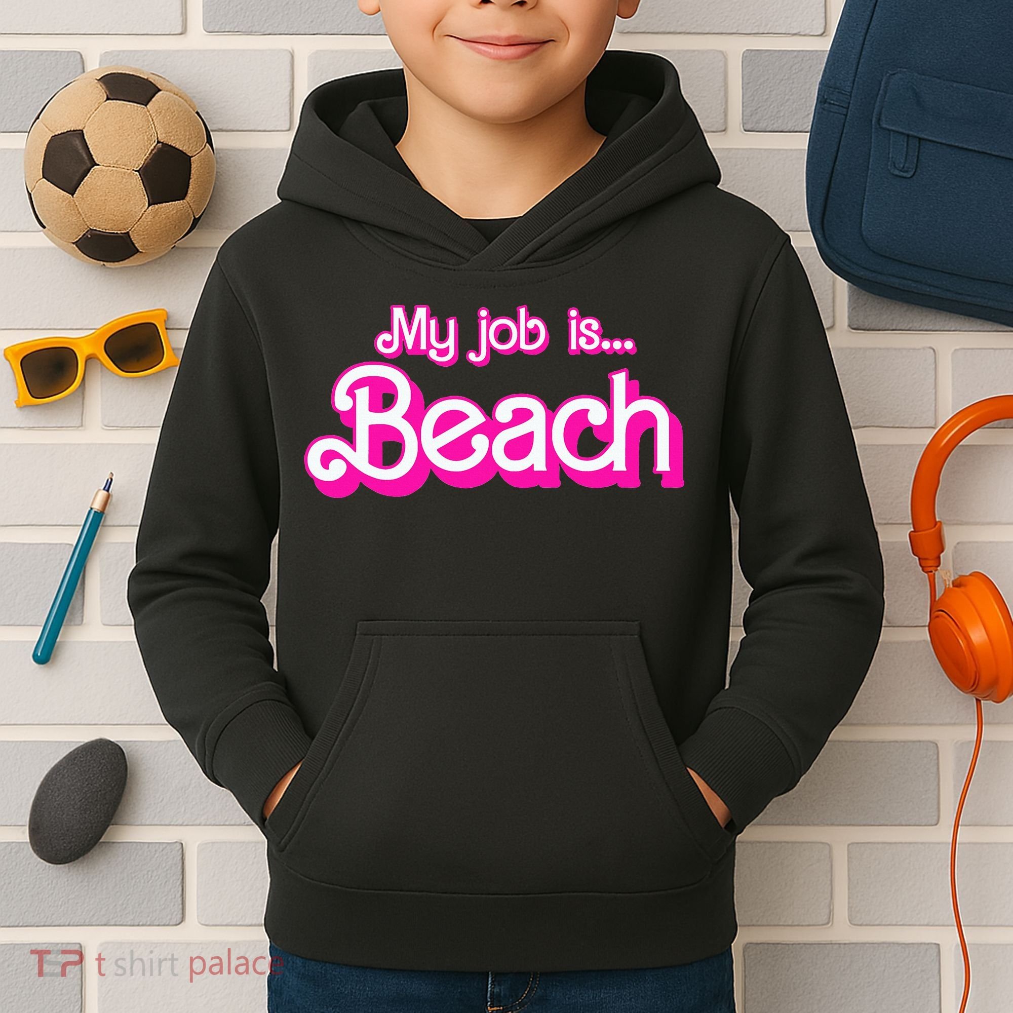 My Job Is Beach Pink Retro Funny Beach Lover Kids Hoodie