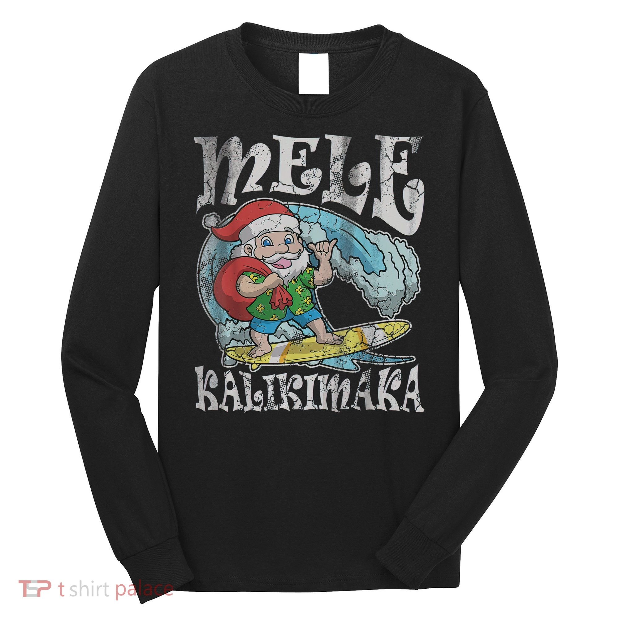 Mele Kalikimaka Christmas Santa Claus Hawaii Surfing Long Sleeve Shirt