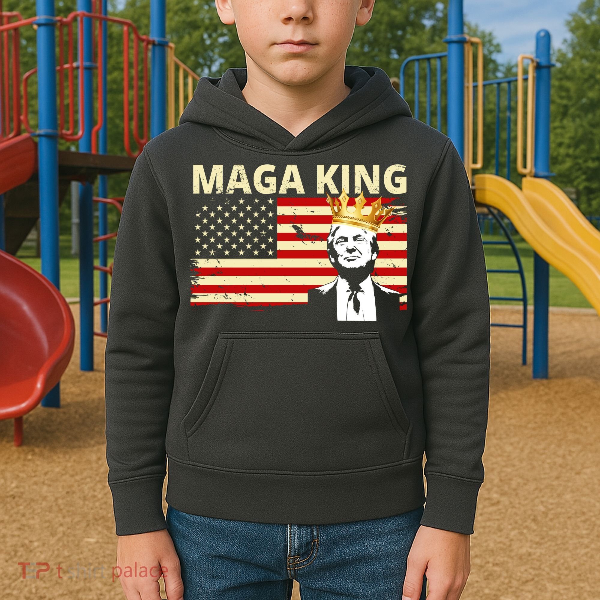 MAGA King Donald Trump Usa Flag Kids Hoodie