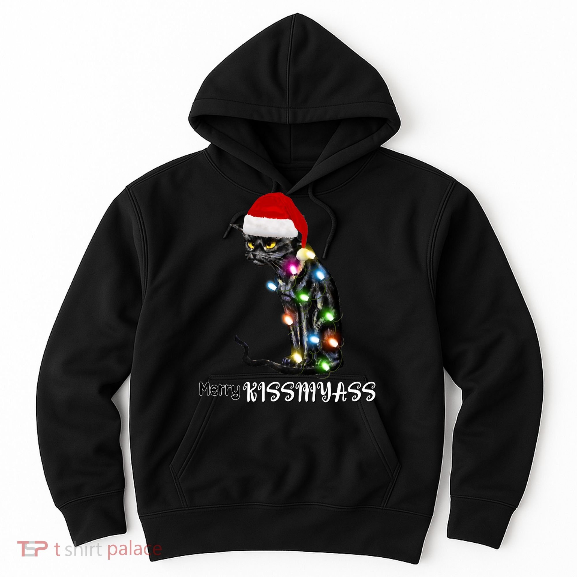 Merry Kissmyass Funny Cat Christmas Lights Hoodie