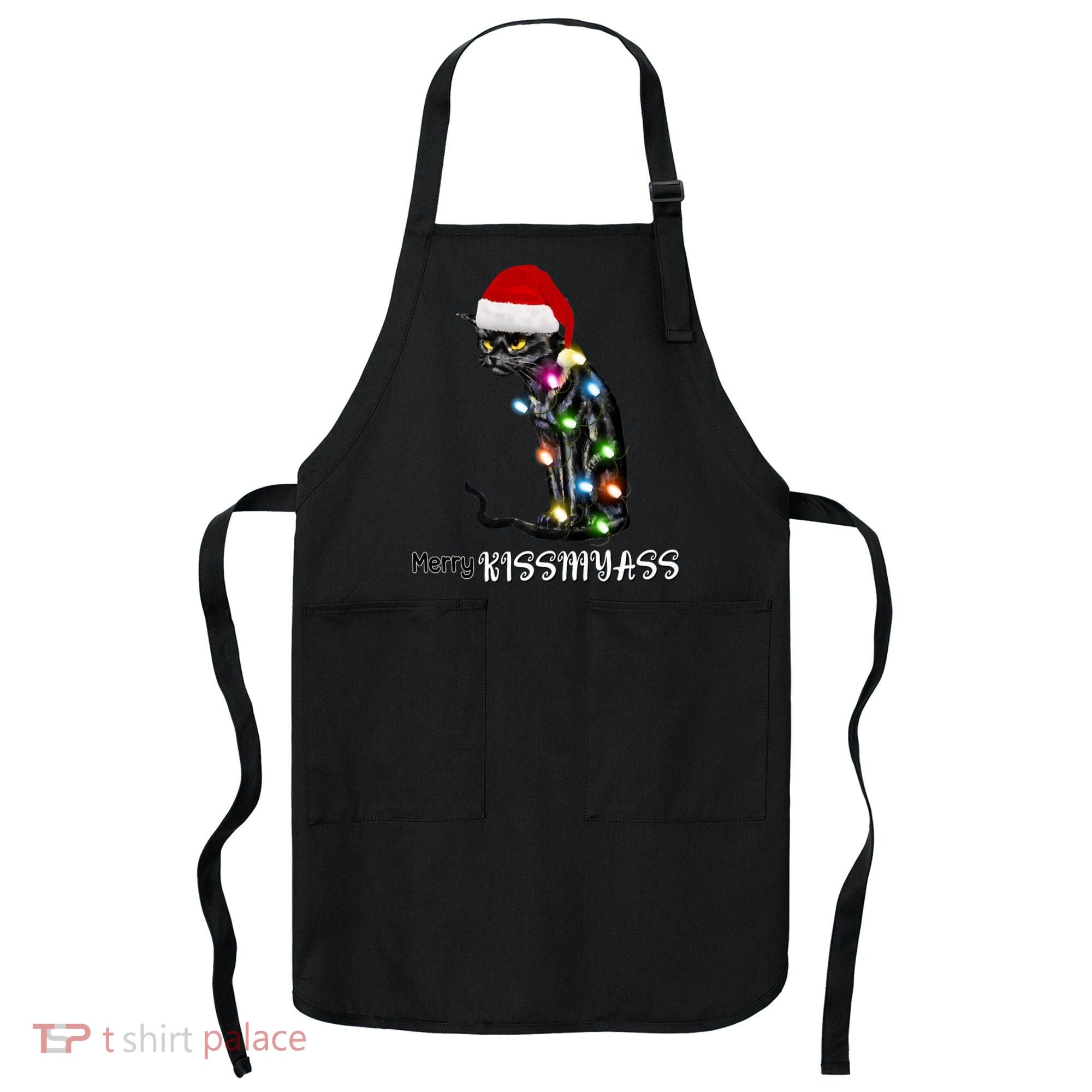 Merry Kissmyass Funny Cat Christmas Lights Apron