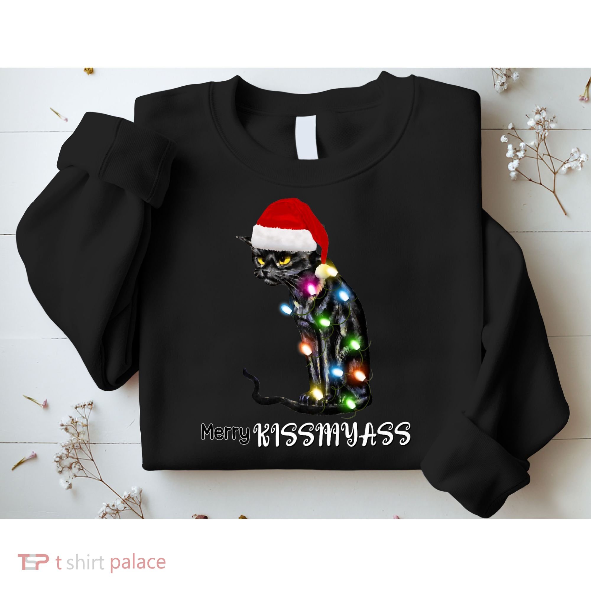 Merry Kissmyass Funny Cat Christmas Lights Sweatshirt