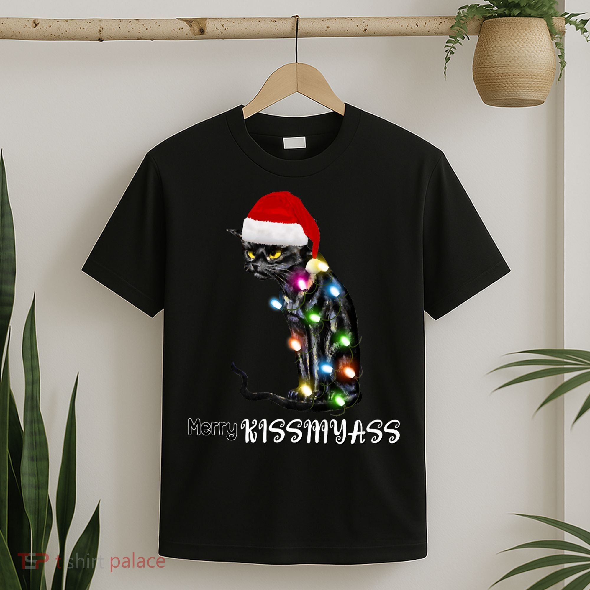 Merry Kissmyass Funny Cat Christmas Lights T-Shirt