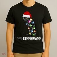 Merry Kissmyass Funny Cat Christmas Lights T-Shirt thumb 3