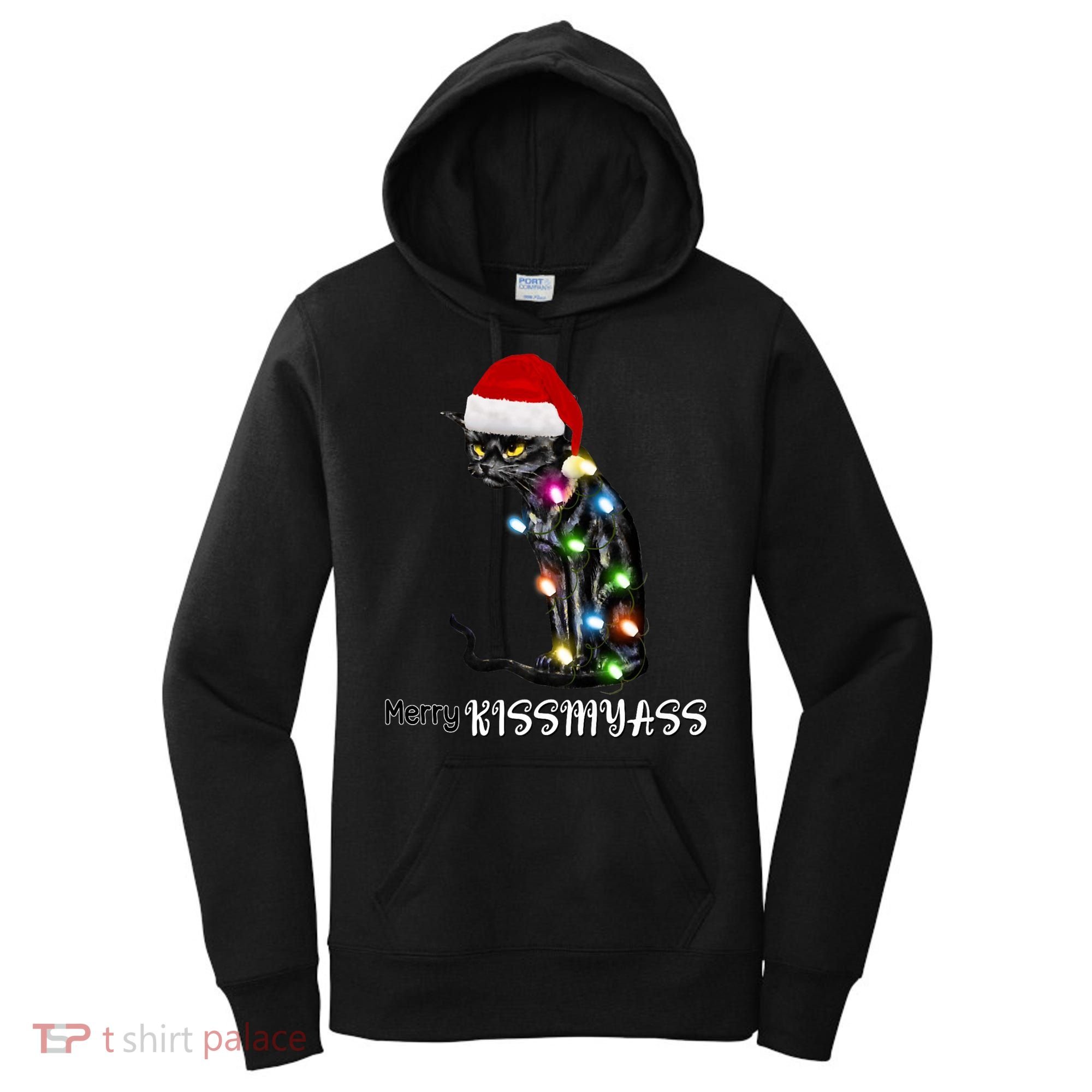 Merry Kissmyass Funny Cat Christmas Lights Women's Hoodie