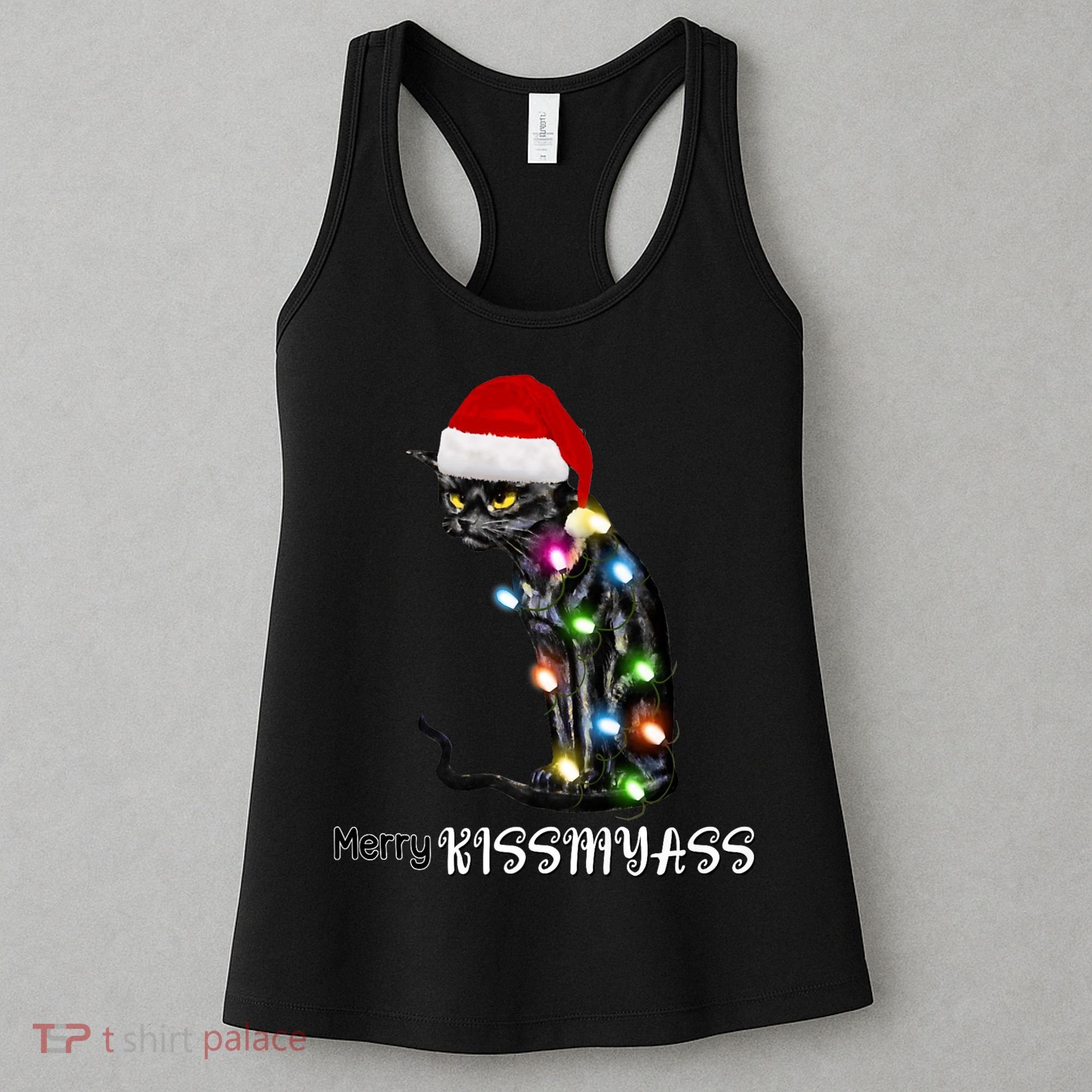 Merry Kissmyass Funny Cat Christmas Lights Women's Tank Top