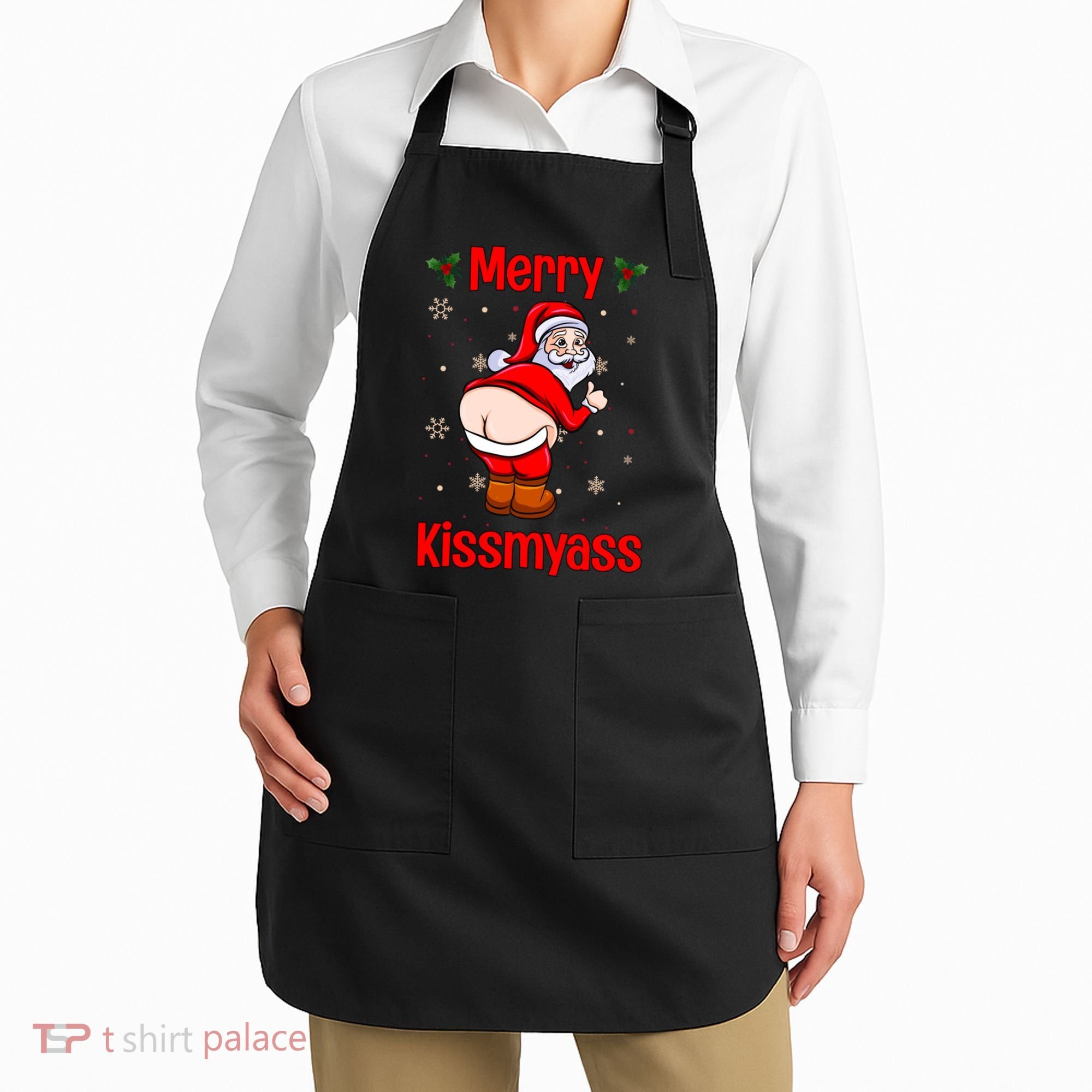 Merry Kissmyass Funny Santa Christmas Apron