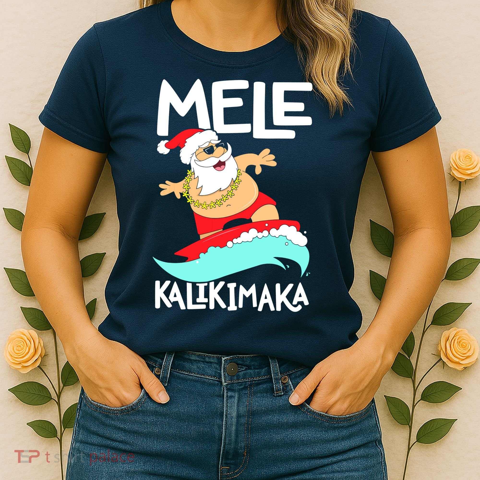 Mele Kalikimaka Hawaiian Christmas Hawaii Surfing Santa Women's T-Shirt