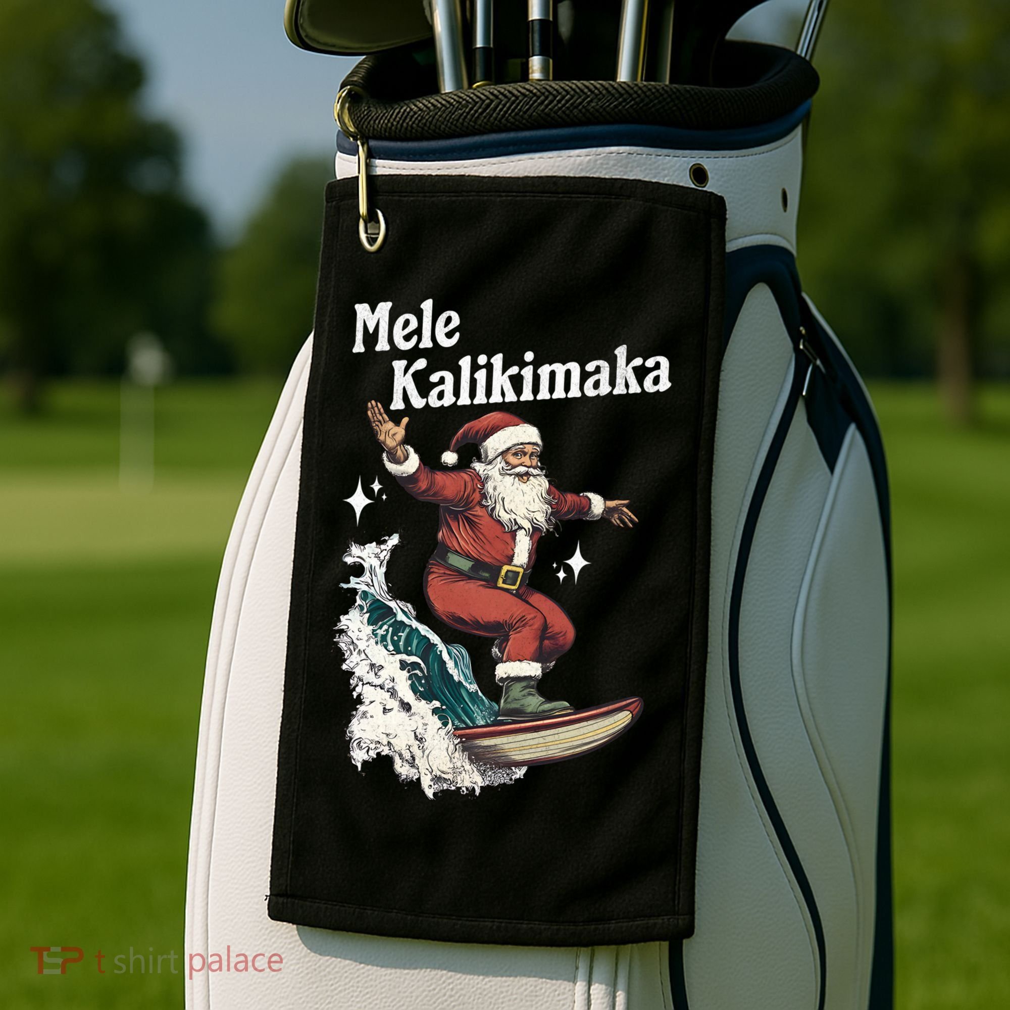 Mele Kalikimaka Hawaiian Christmas Surfing Santa Gift Golf Towel