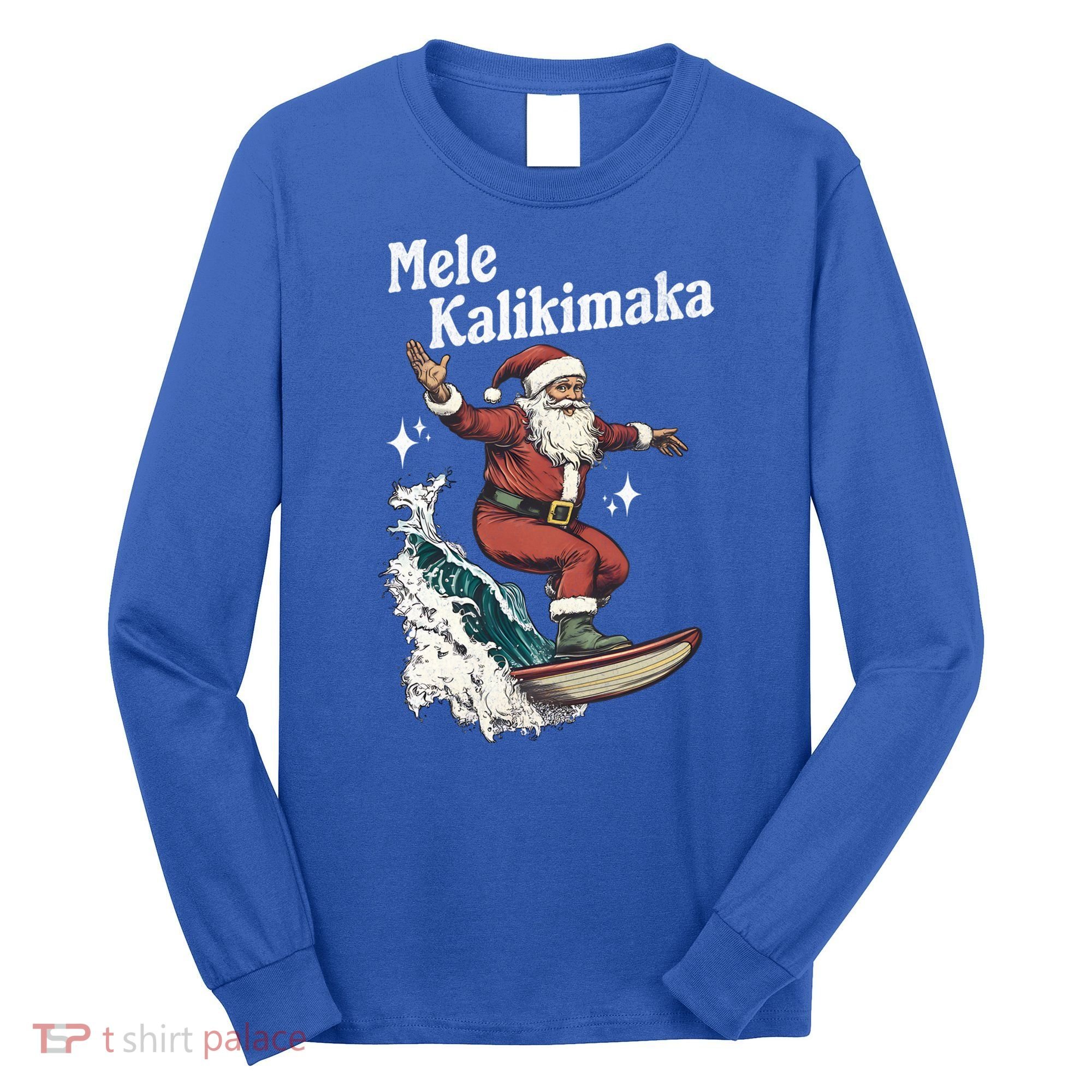 Mele Kalikimaka Hawaiian Christmas Surfing Santa Gift Long Sleeve Shirt