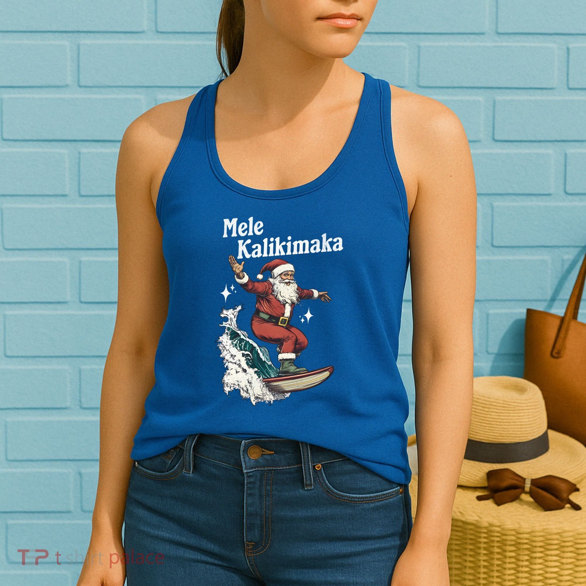 Mele Kalikimaka Hawaiian Christmas Surfing Santa Gift Women's Tank Top