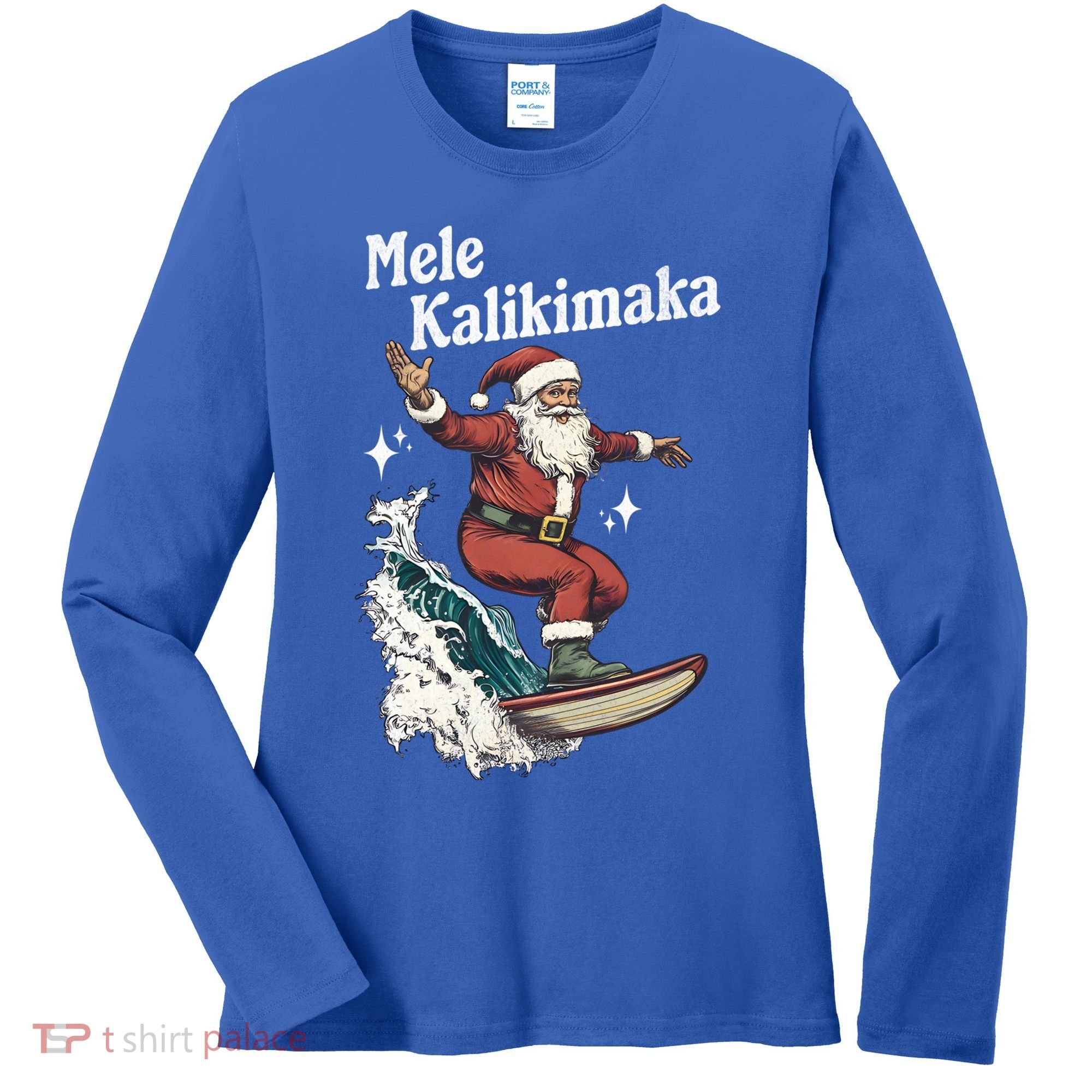 Mele Kalikimaka Hawaiian Christmas Surfing Santa Gift Women's Long Sleeve Shirt