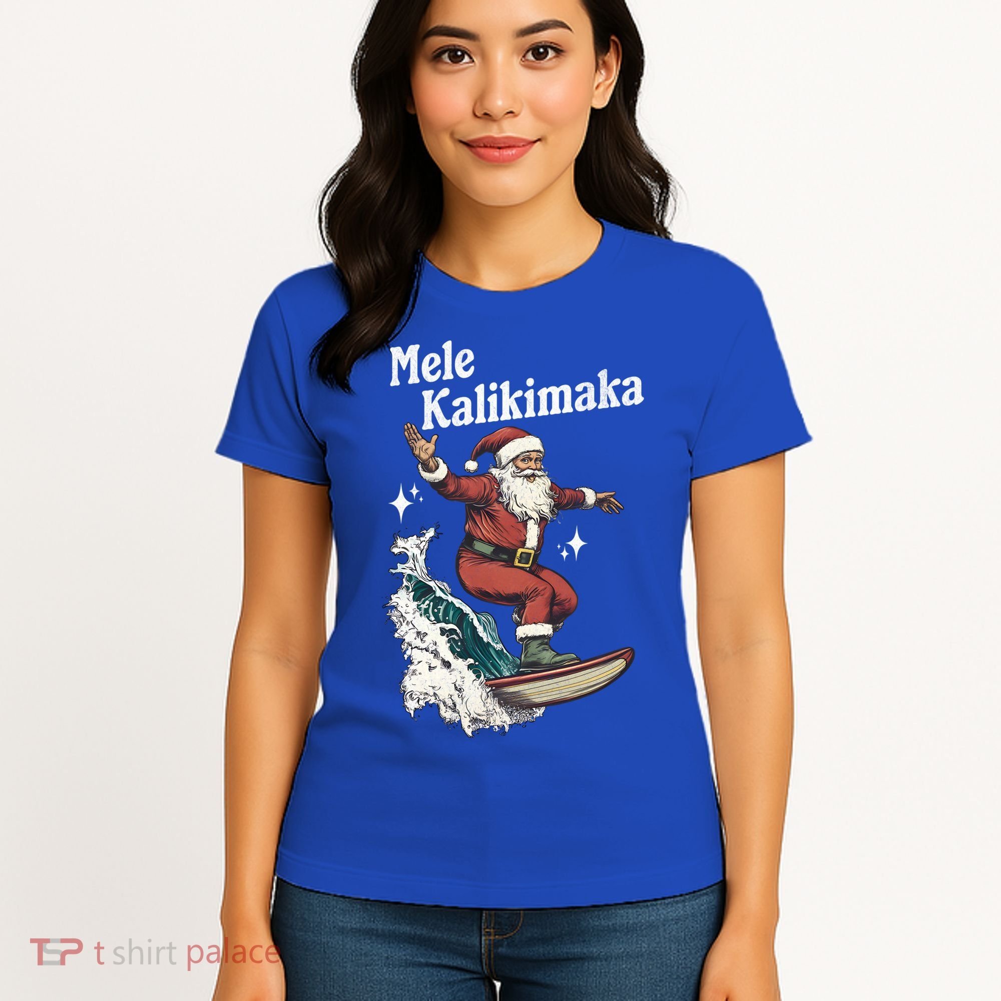 Mele Kalikimaka Hawaiian Christmas Surfing Santa Gift Women's T-Shirt