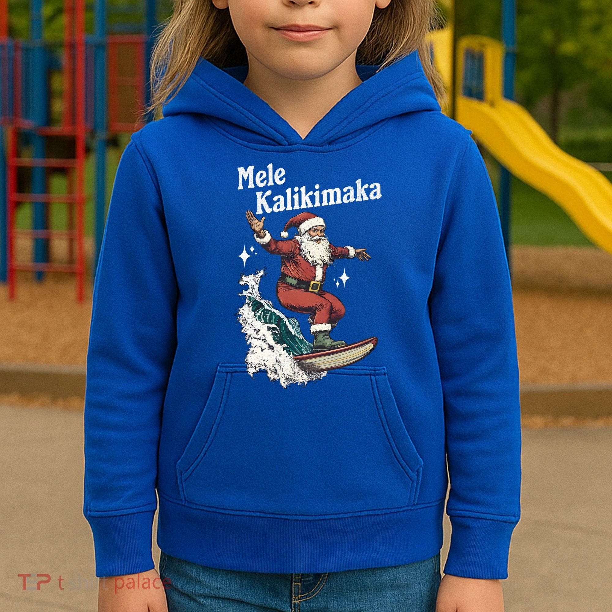 Mele Kalikimaka Hawaiian Christmas Surfing Santa Gift Kids Hoodie