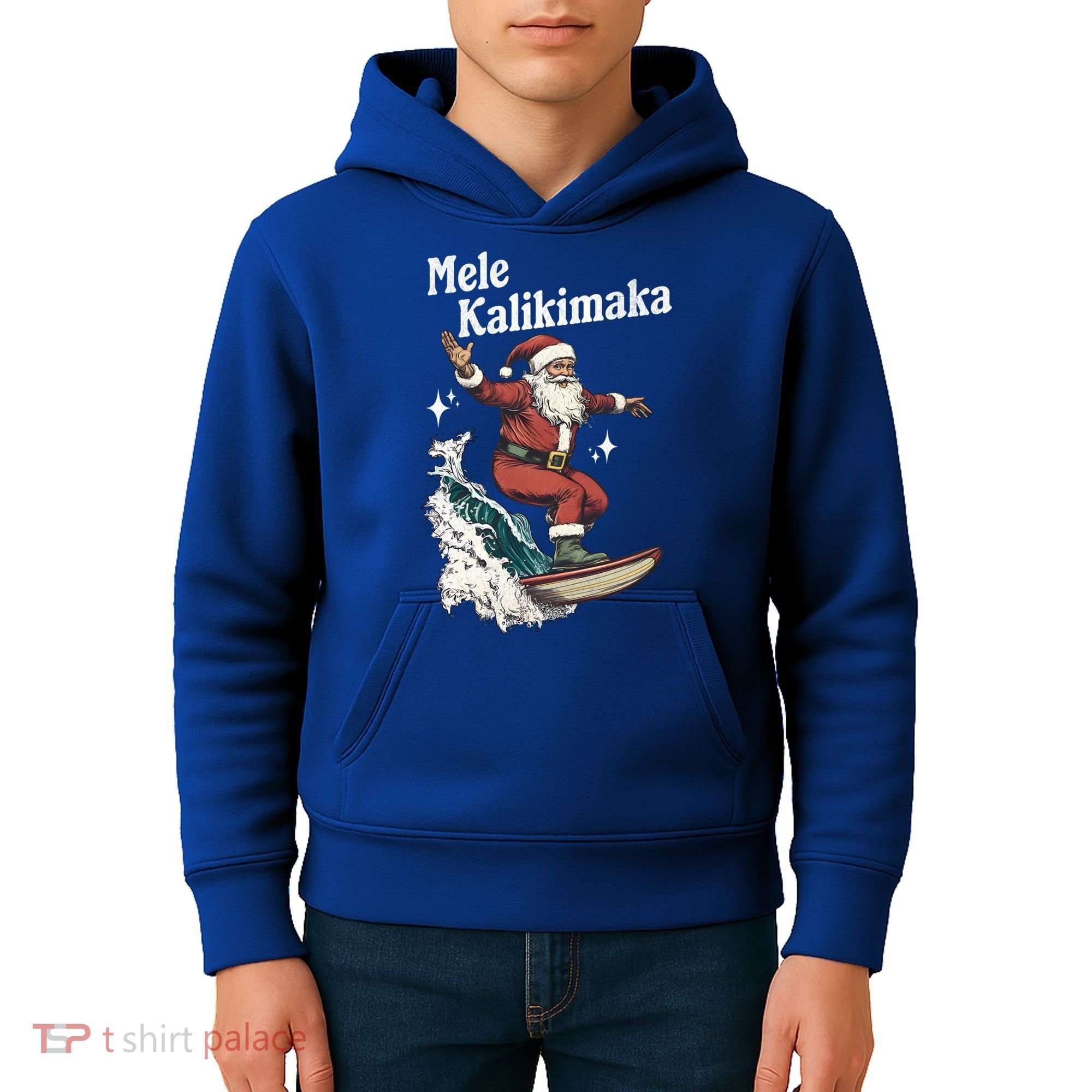 Mele Kalikimaka Hawaiian Christmas Surfing Santa Gift Kids Hoodie