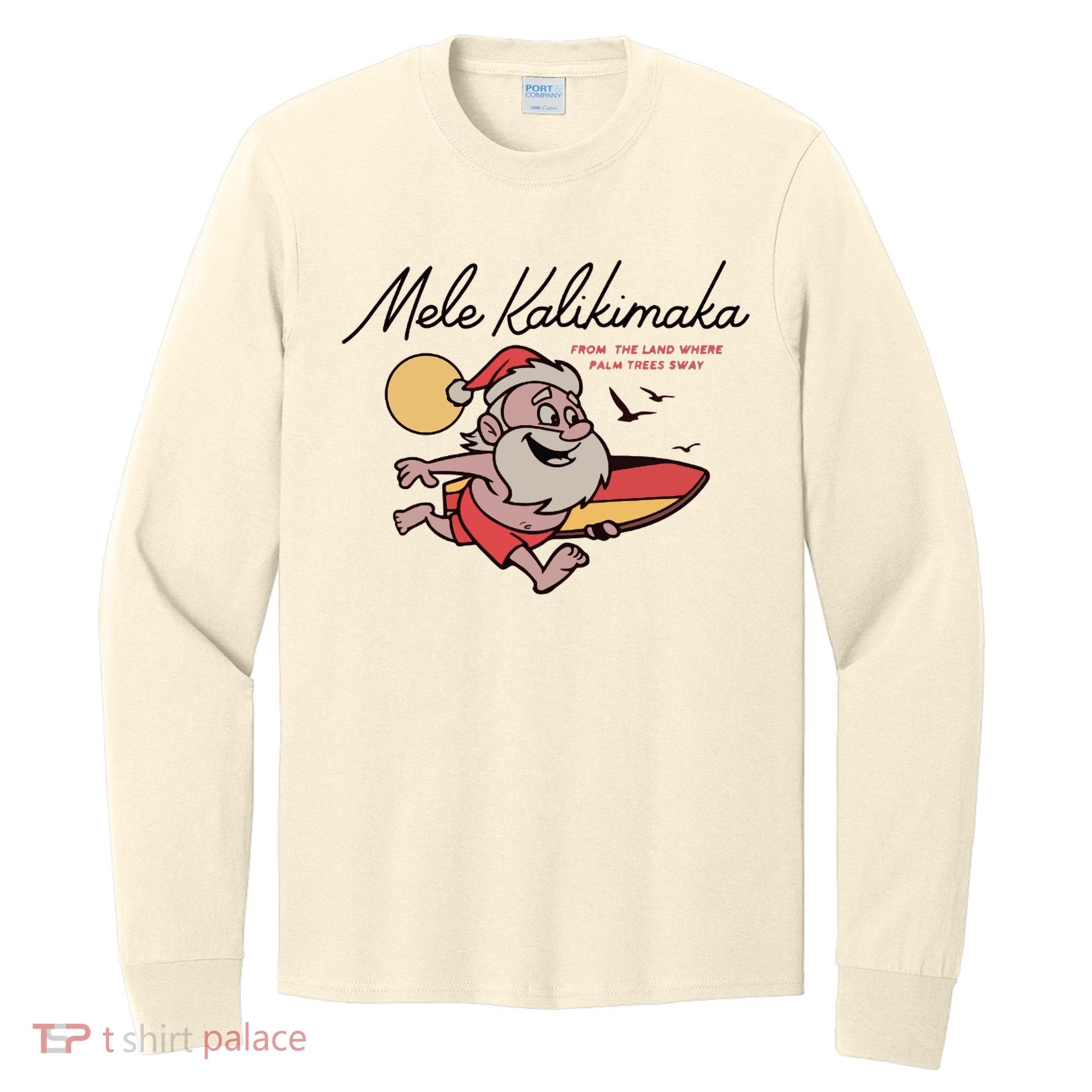 Mele Kalikimaka Hawaii Christmas Surfing Santa Long Sleeve Shirt