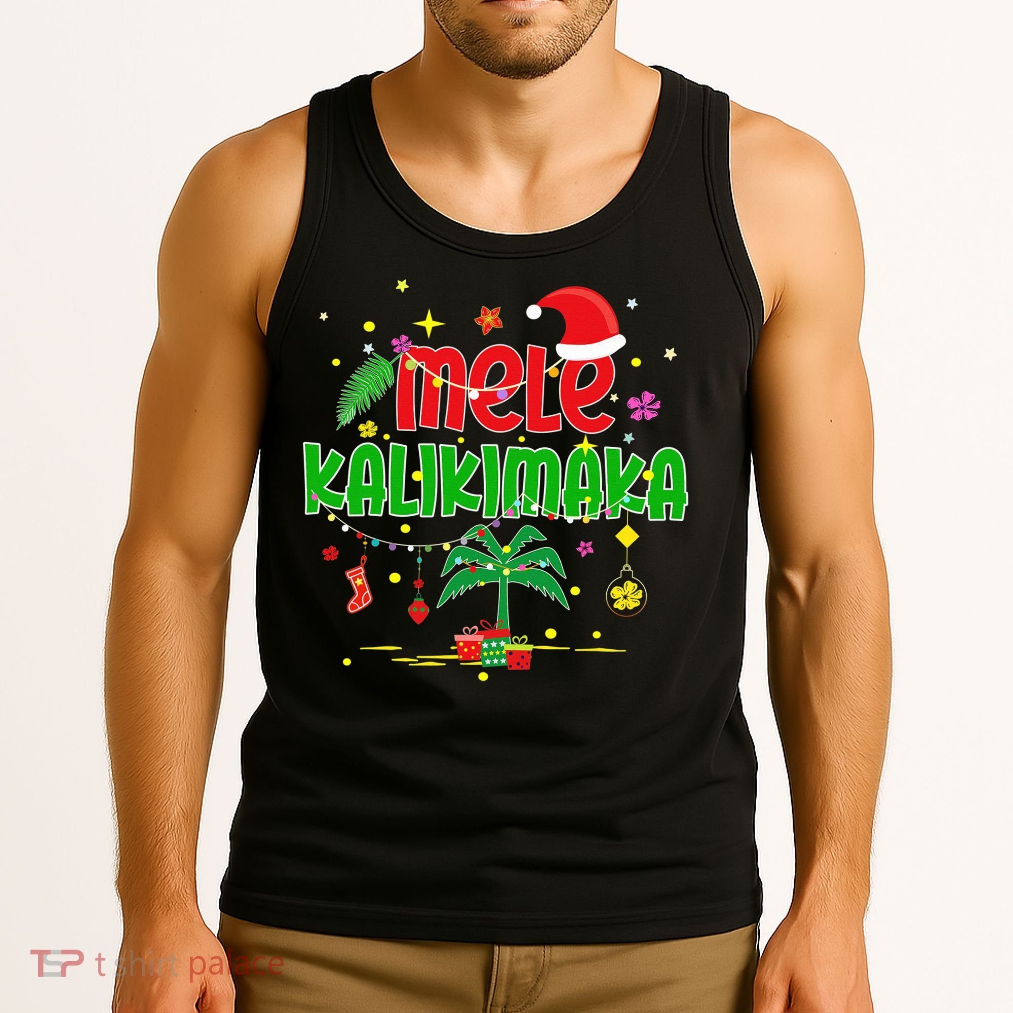 Mele Kalikimaka Hawaiian Christmas Palm Tree Lights Xmas  Tank Top