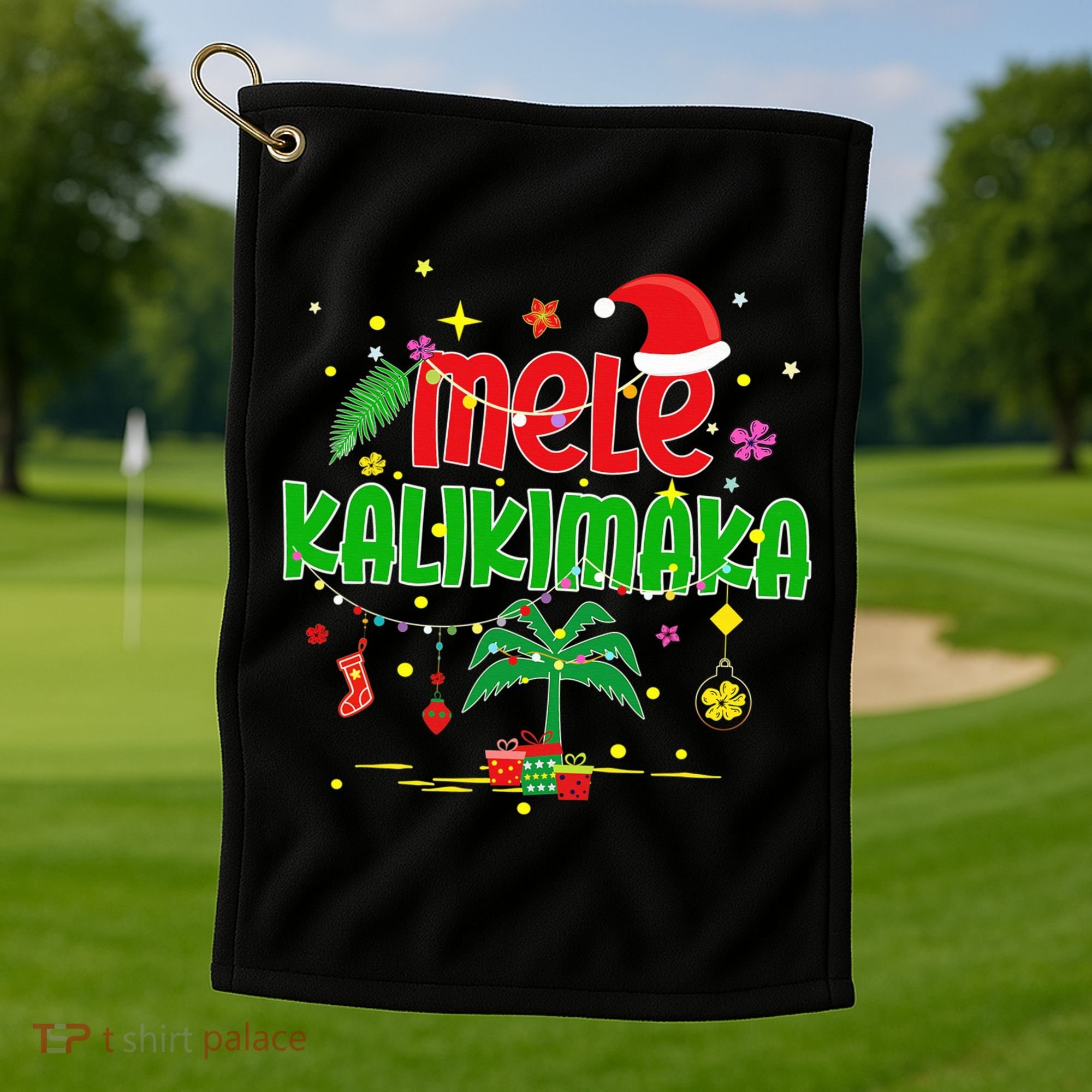 Mele Kalikimaka Hawaiian Christmas Palm Tree Lights Xmas  Golf Towel