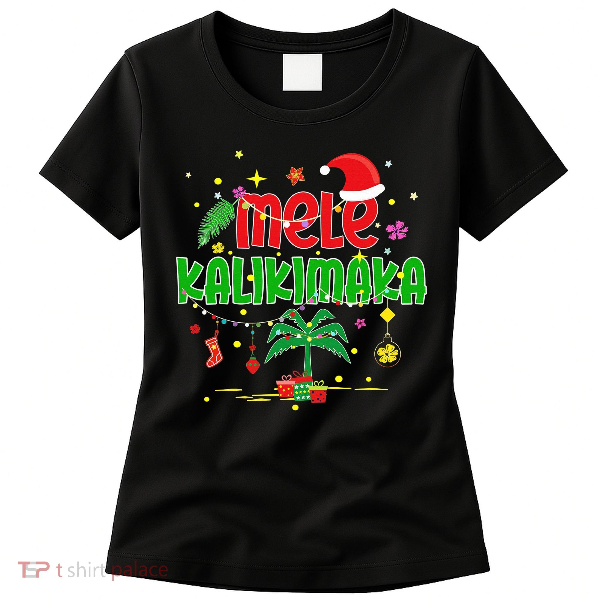 Mele Kalikimaka Hawaiian Christmas Palm Tree Lights Xmas  Women's T-Shirt