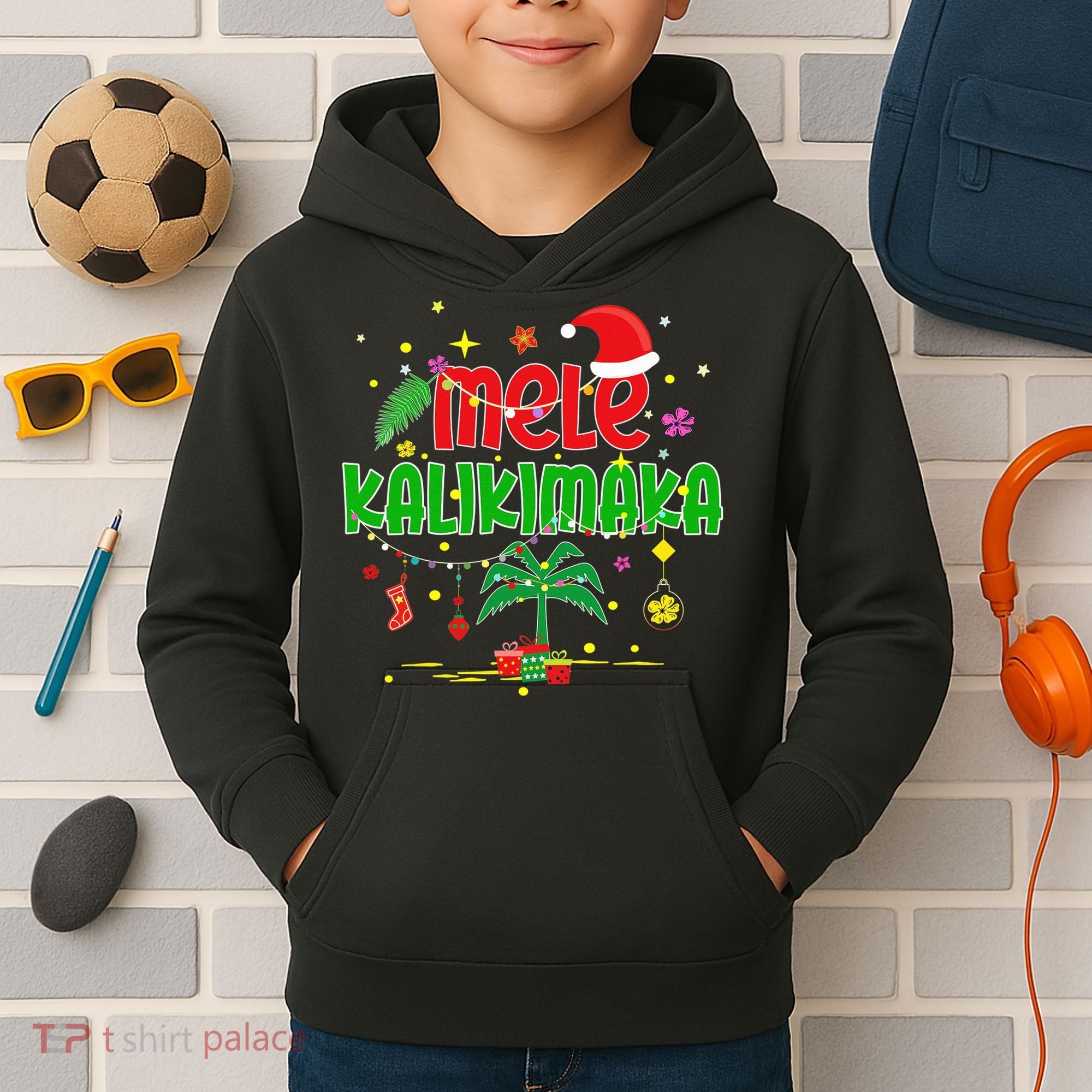 Mele Kalikimaka Hawaiian Christmas Palm Tree Lights Xmas  Kids Hoodie