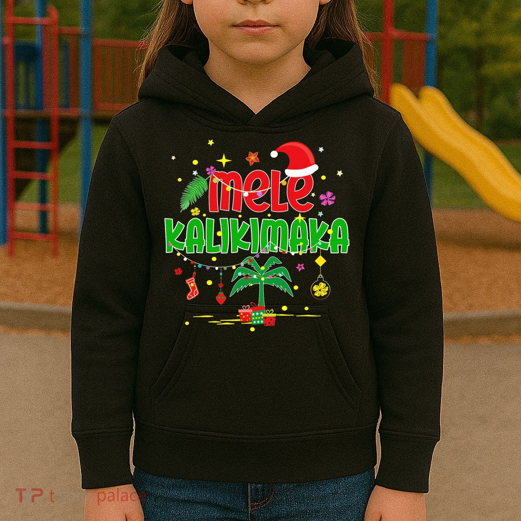 Mele Kalikimaka Hawaiian Christmas Palm Tree Lights Xmas  Kids Hoodie