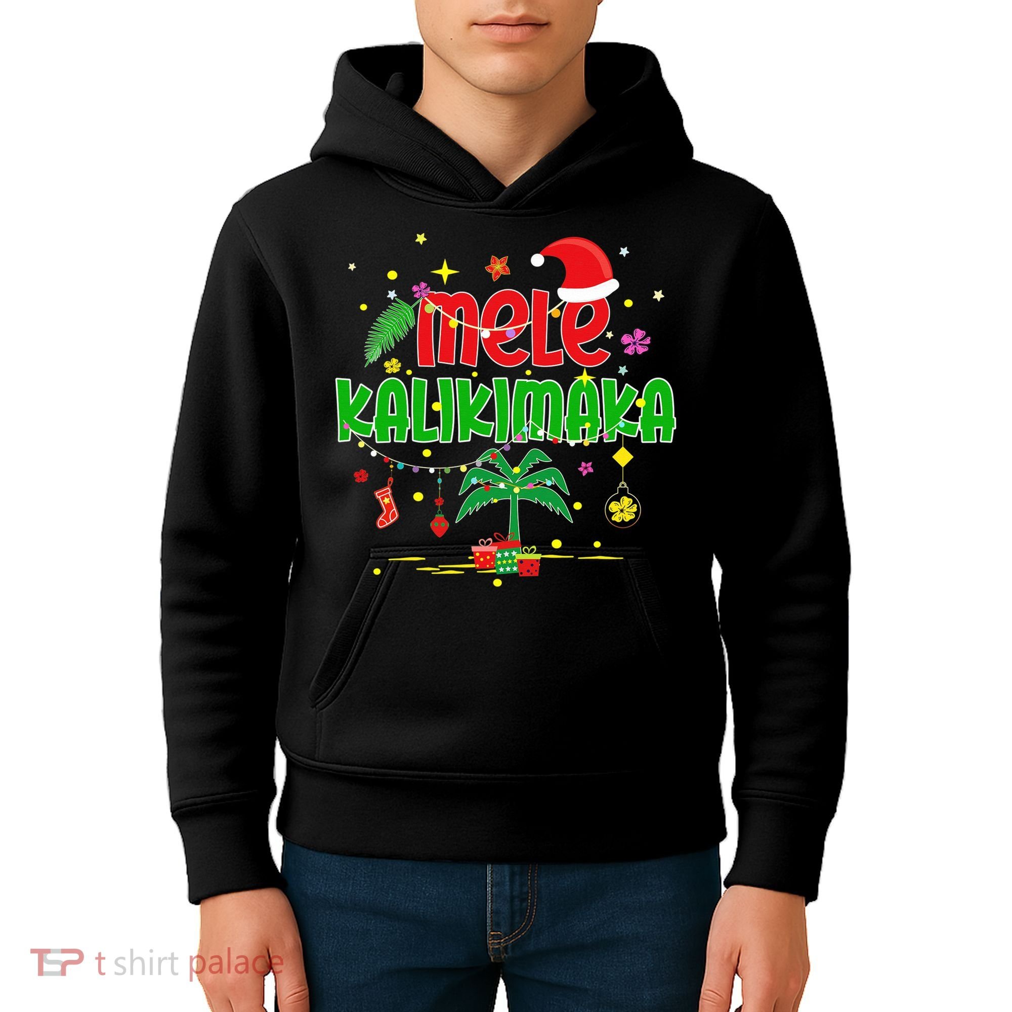 Mele Kalikimaka Hawaiian Christmas Palm Tree Lights Xmas  Kids Hoodie