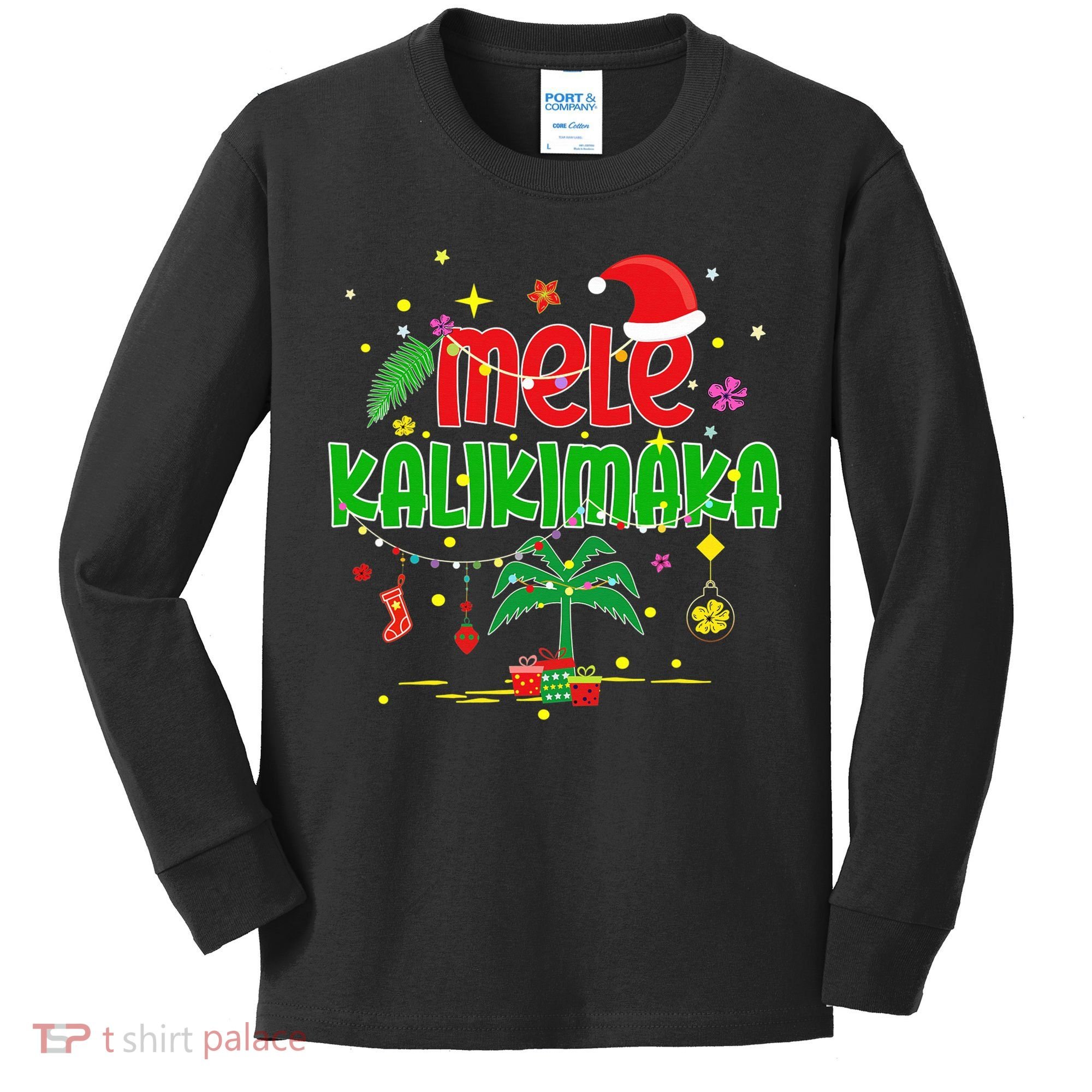 Mele Kalikimaka Hawaiian Christmas Palm Tree Lights Xmas  Kids Long Sleeve Shirt