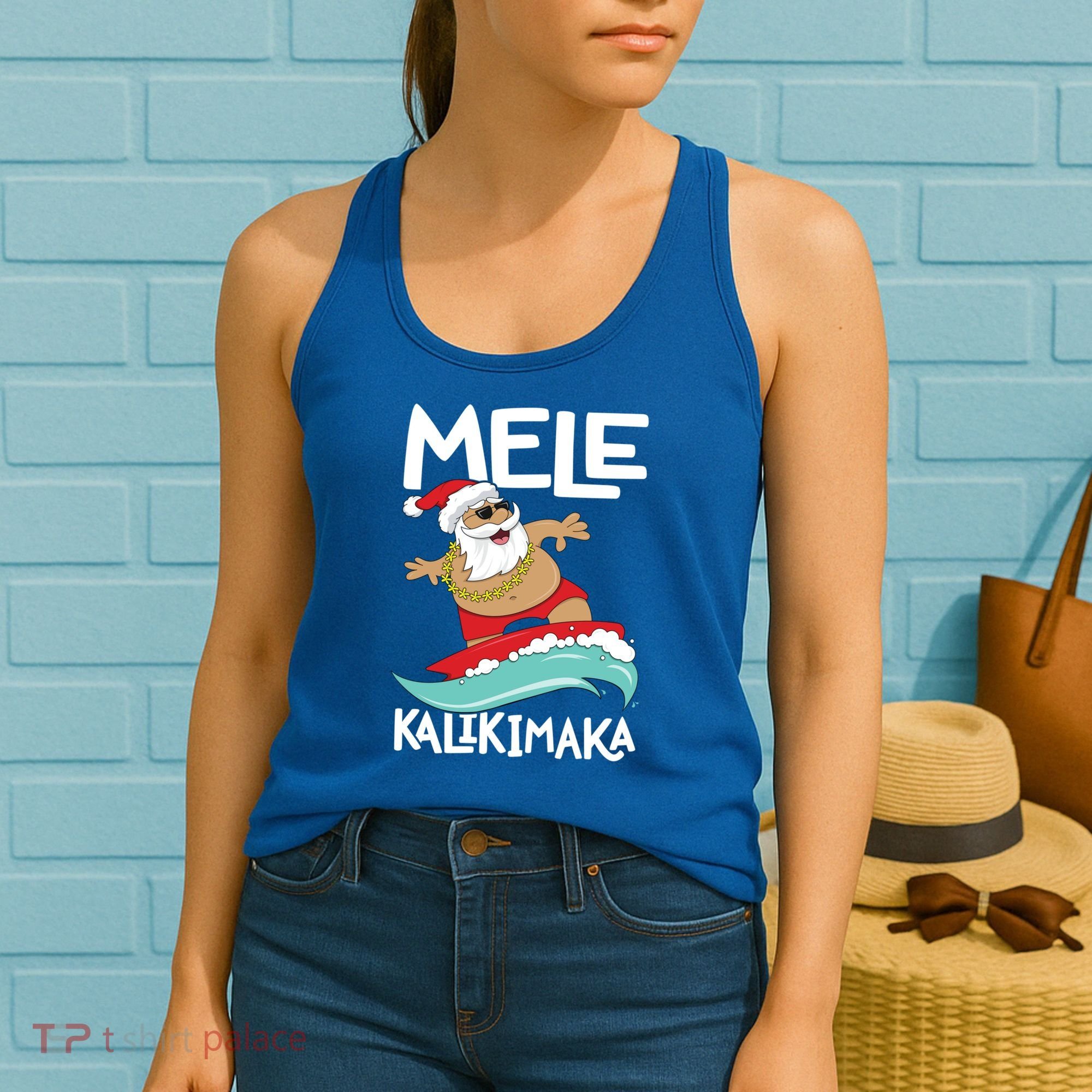 Mele Kalikimaka Hawaiian Christmas Hawaii Surfing Santa Gift Women's Tank Top