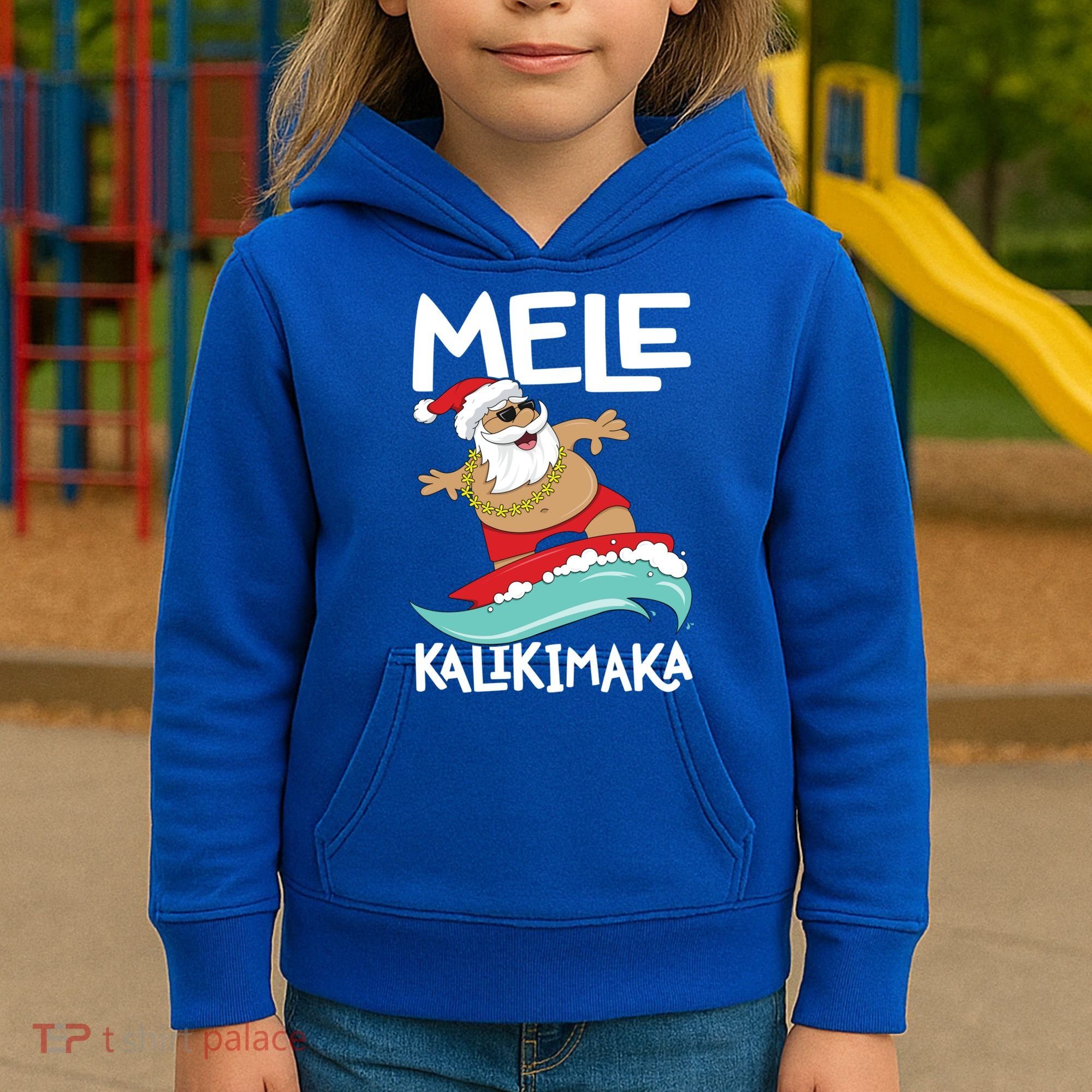 Mele Kalikimaka Hawaiian Christmas Hawaii Surfing Santa Gift Kids Hoodie