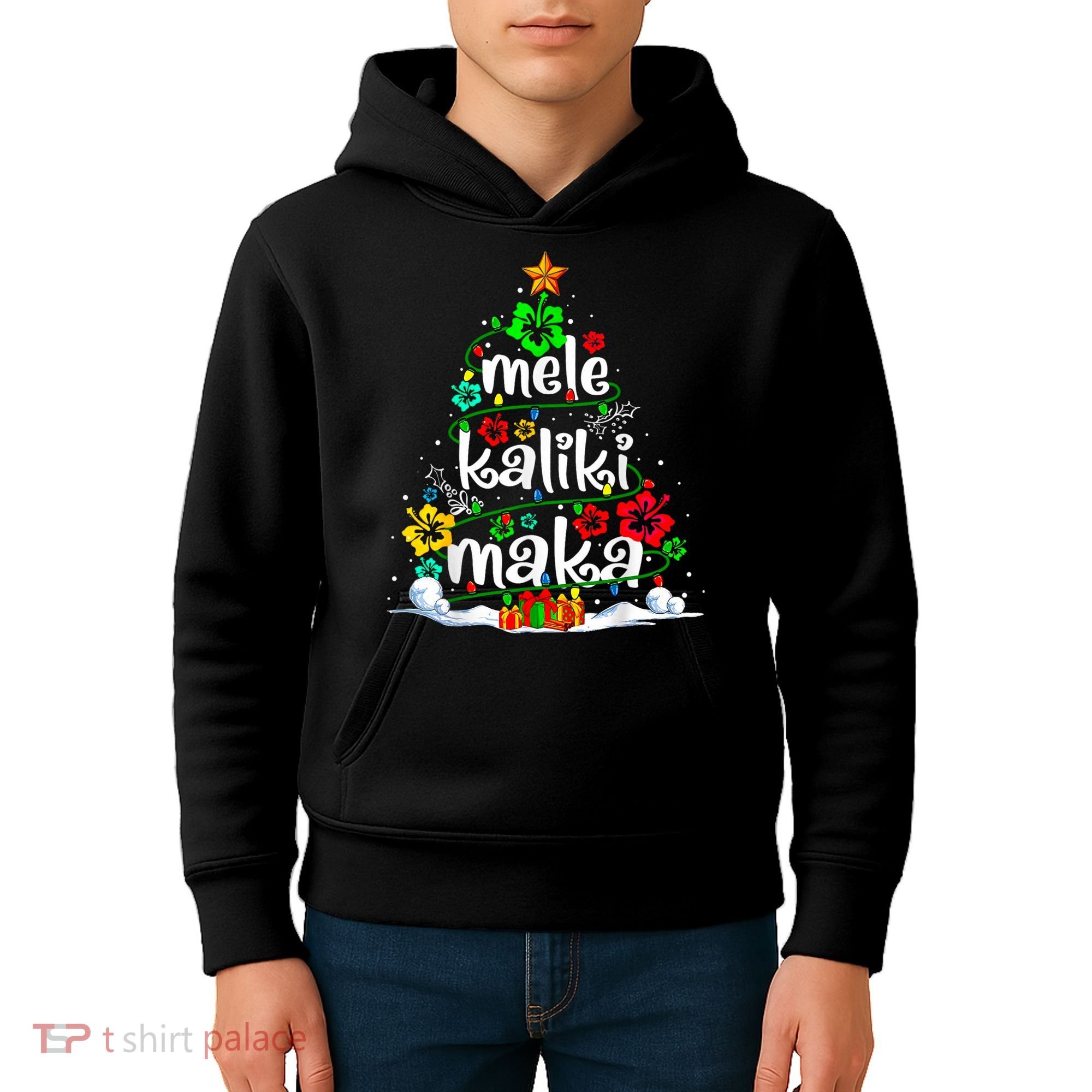 Mele Kalikimaka Tropical Christmas Hawaiian Santa Xmas Tree Kids Hoodie