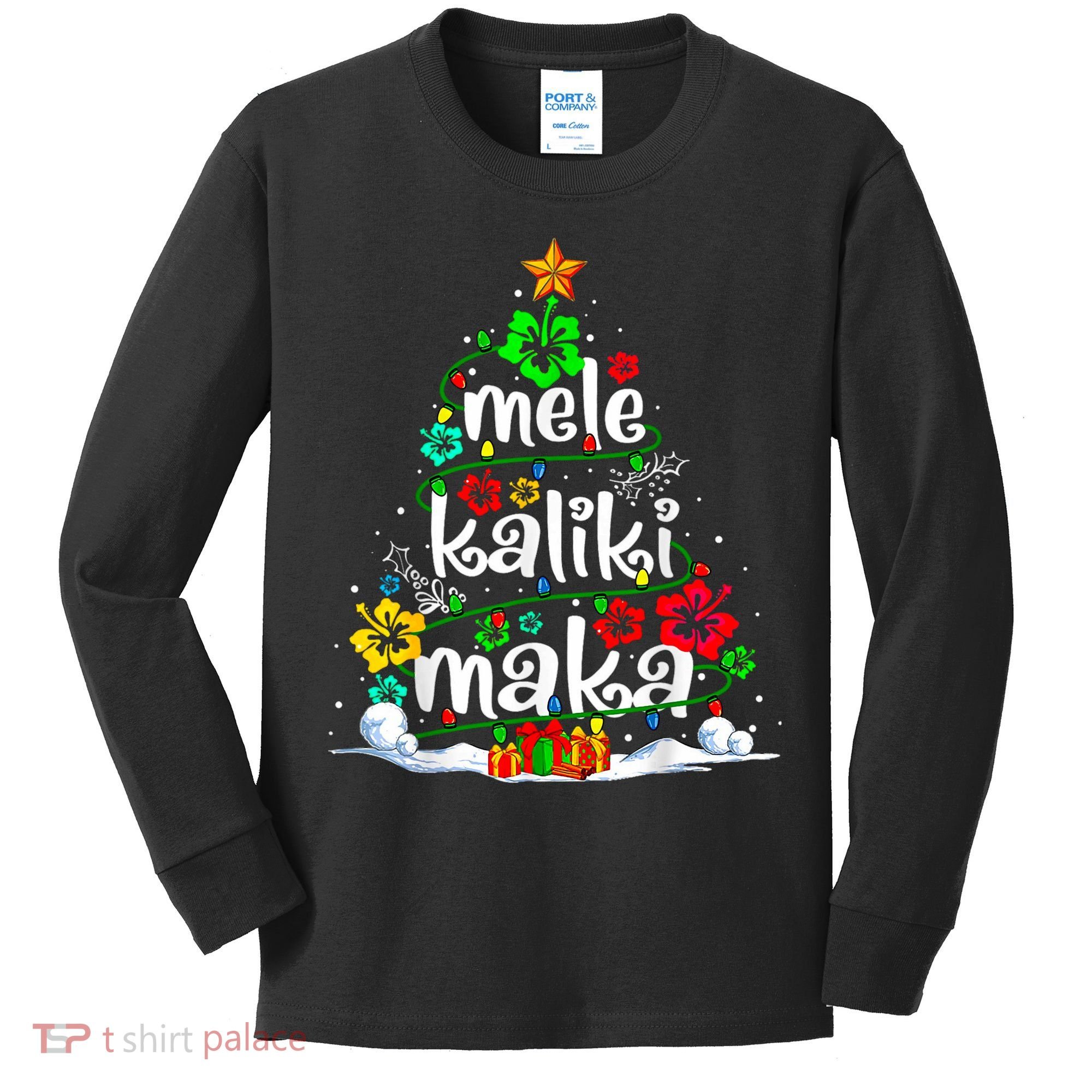 Mele Kalikimaka Tropical Christmas Hawaiian Santa Xmas Tree Kids Long Sleeve Shirt