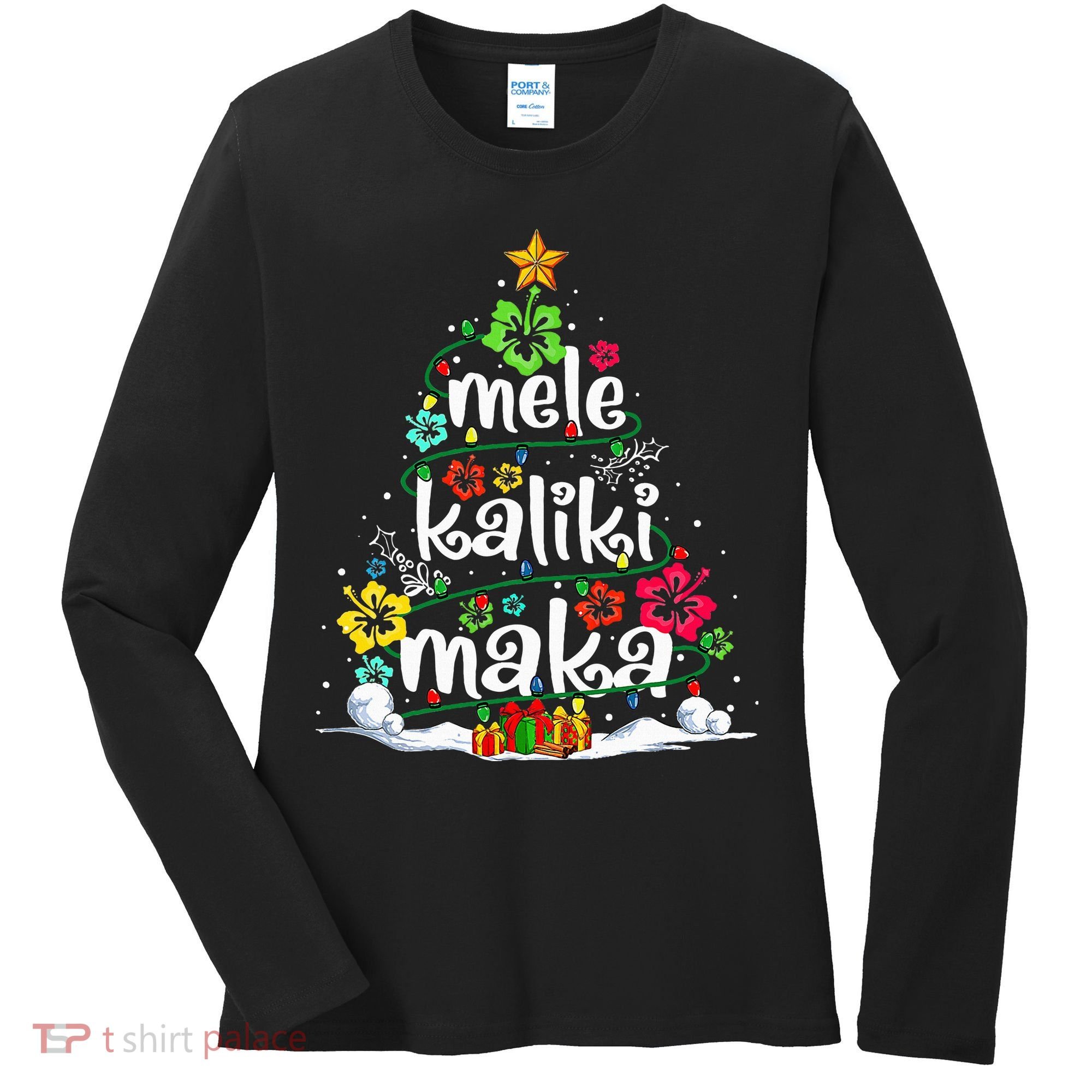Mele Kalikimaka Tropical Christmas Hawaiian Santa Xmas Tree Women's Long Sleeve Shirt