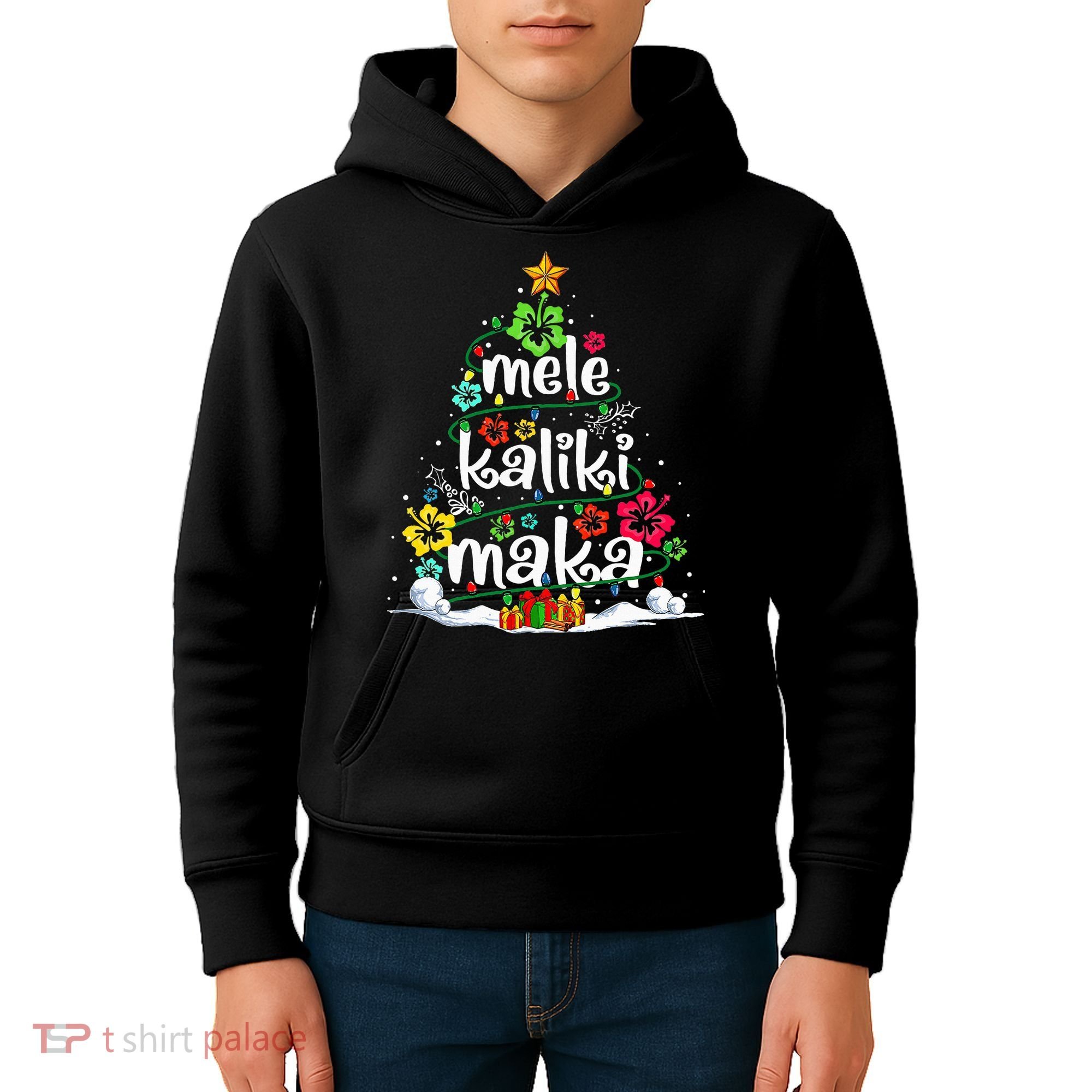 Mele Kalikimaka Tropical Christmas Hawaiian Santa Xmas Tree Kids Hoodie