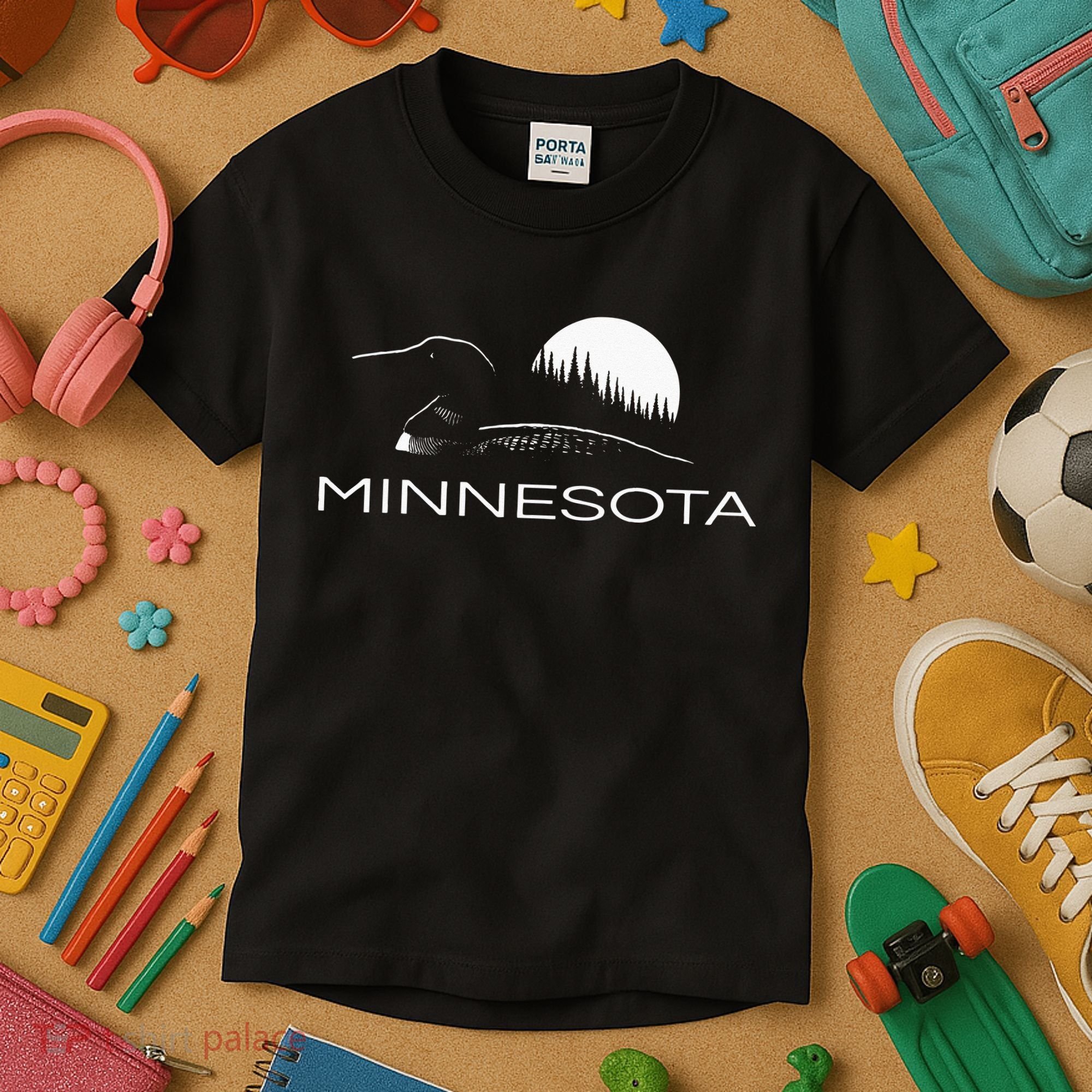 Minnesota Loon And Trees In Moonlight Kids T-Shirt