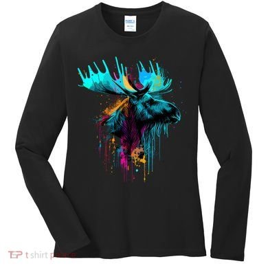 Moose Lovers Colorful Pop Art Beautiful Moose Women's Long Sleeve Shirt