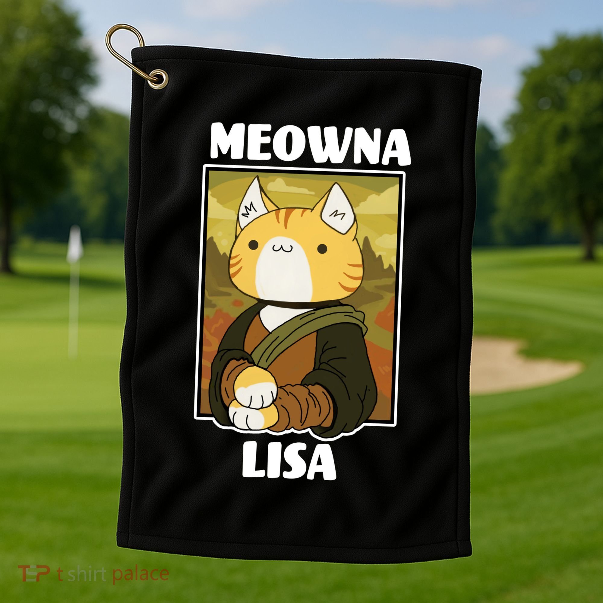 Meowna Lisa Cat Portrait Golf Towel
