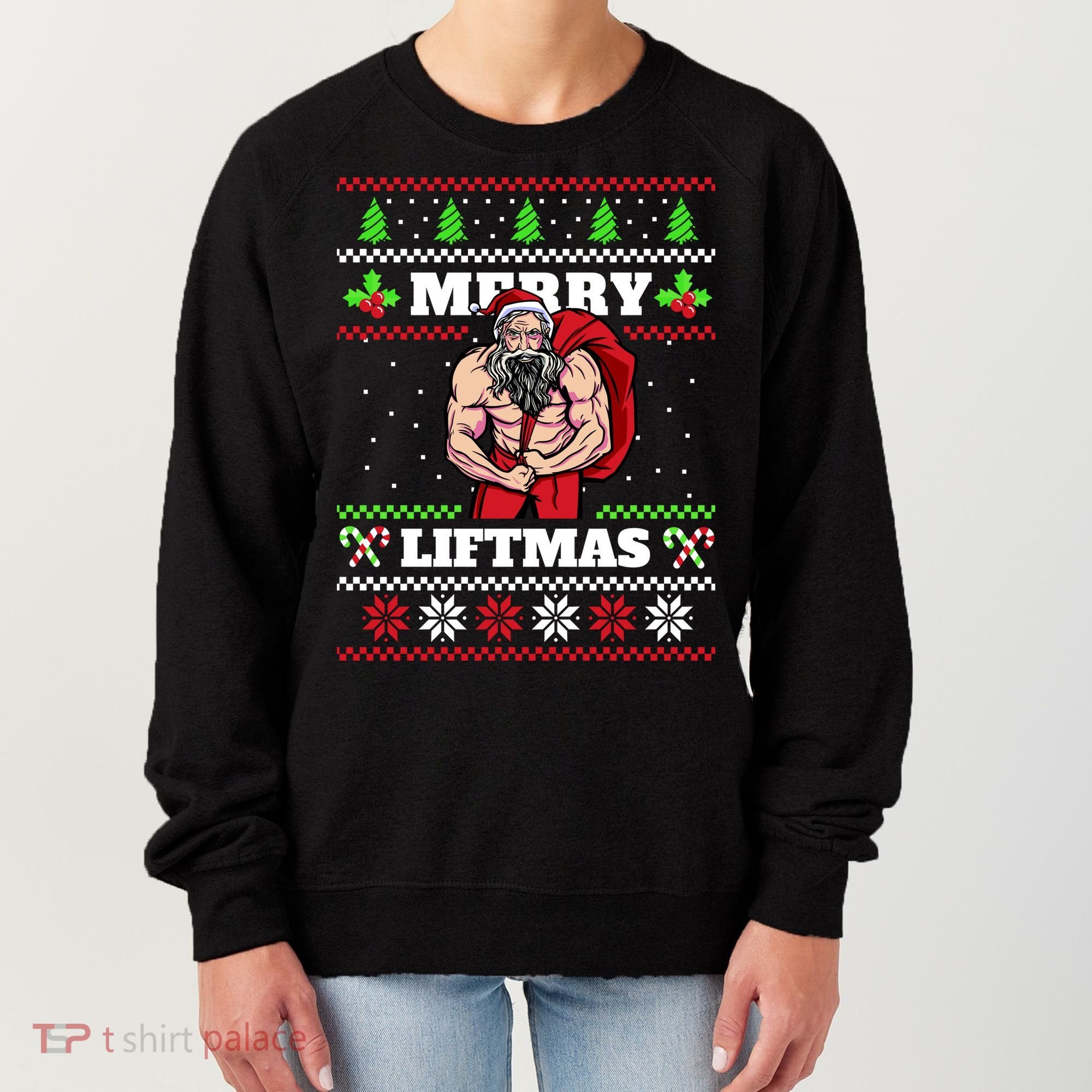 Merry Liftmas Funny Lifting Weights Jacked Santa Claus Ugly Christmas Women's Sweatshirt