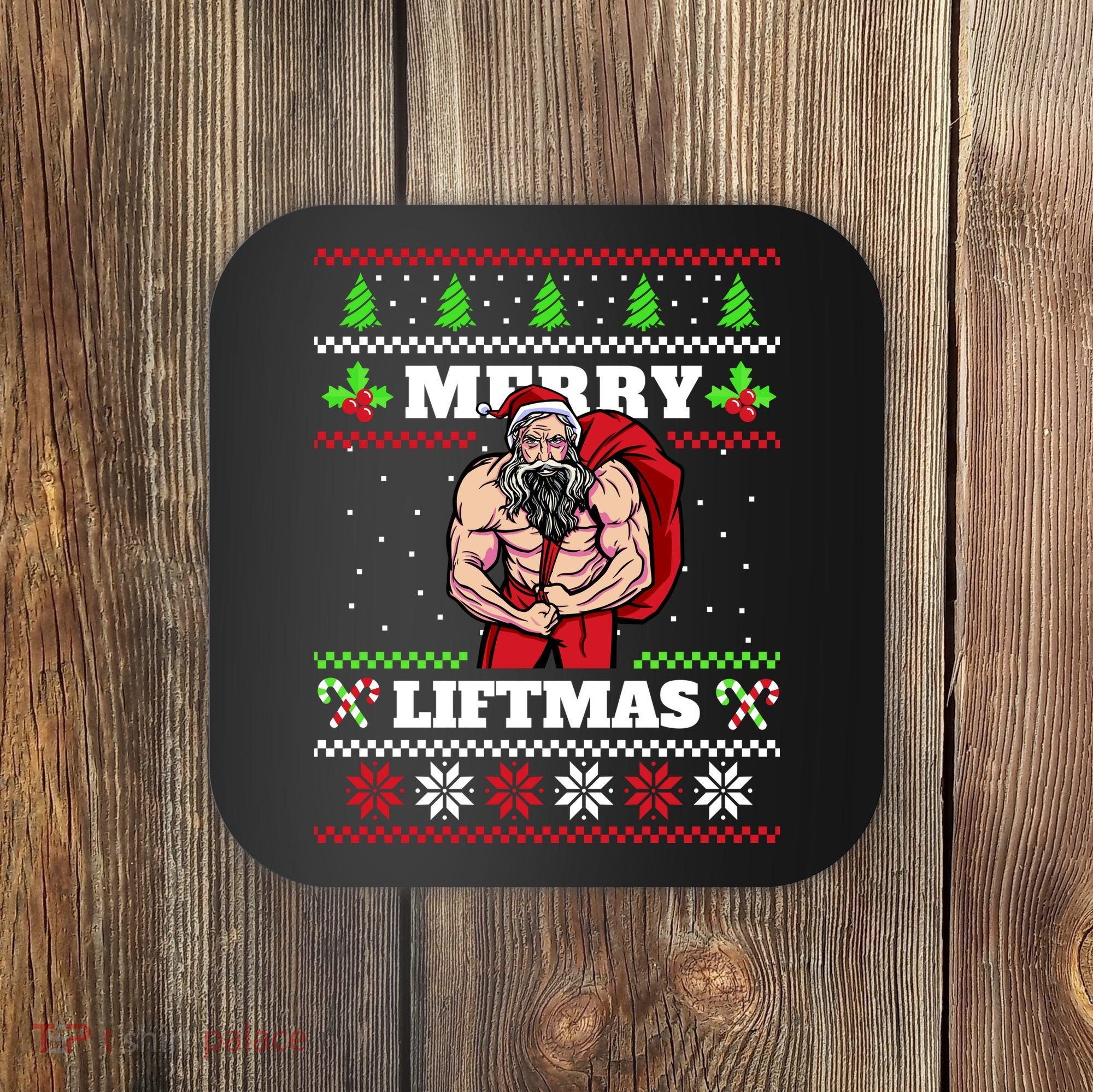 Merry Liftmas Funny Lifting Weights Jacked Santa Claus Ugly Christmas Coaster