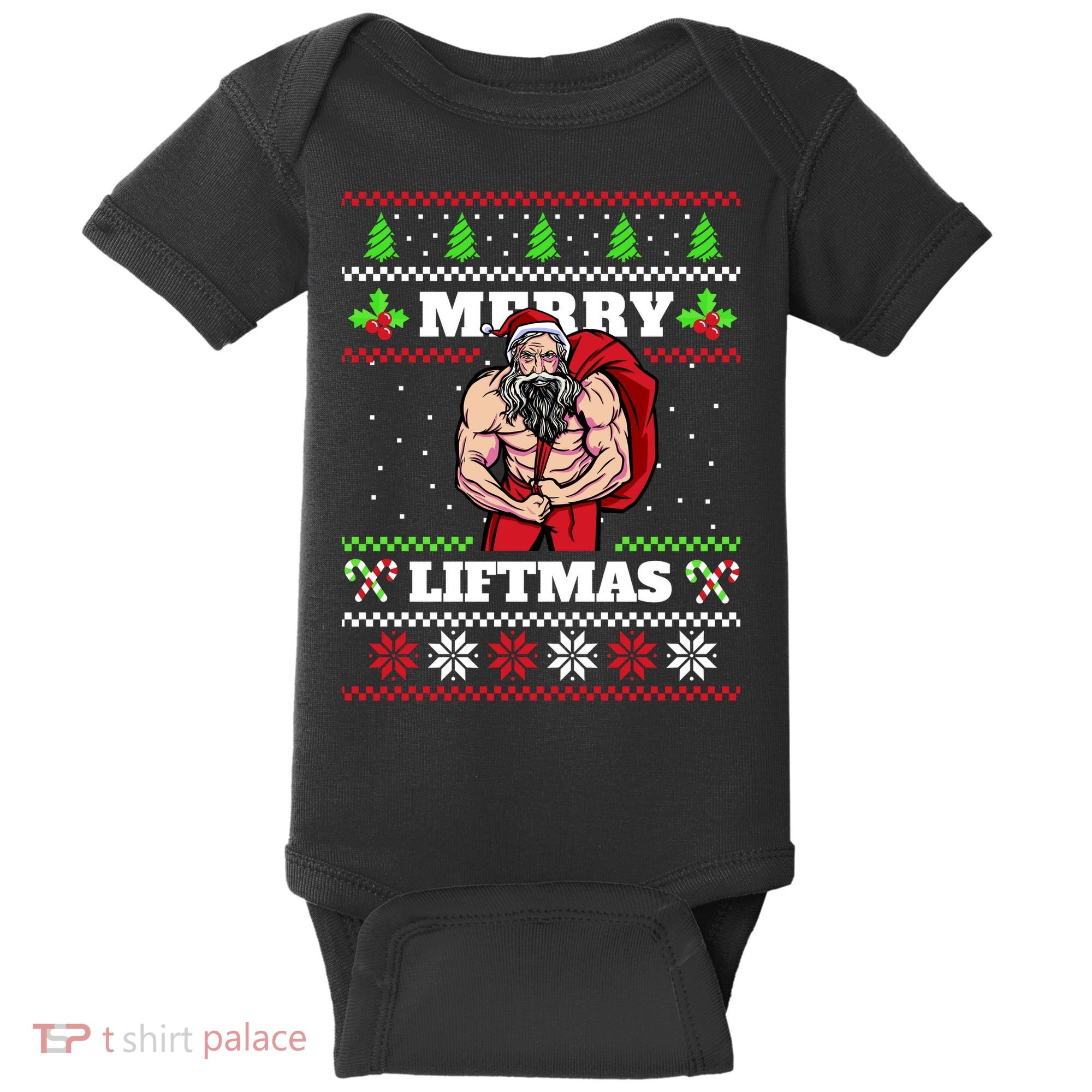 Merry Liftmas Funny Lifting Weights Jacked Santa Claus Ugly Christmas Baby Bodysuit