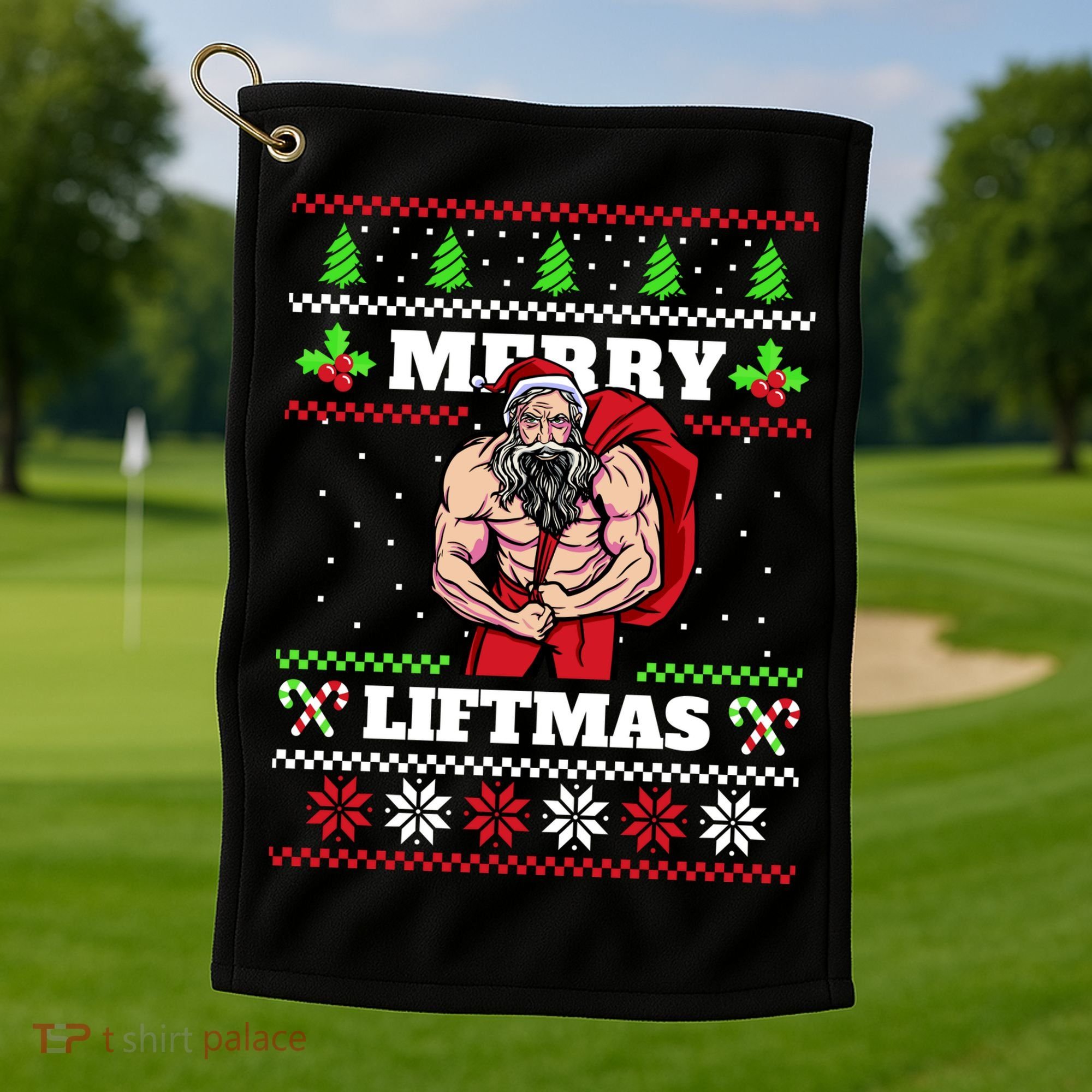 Merry Liftmas Funny Lifting Weights Jacked Santa Claus Ugly Christmas Golf Towel