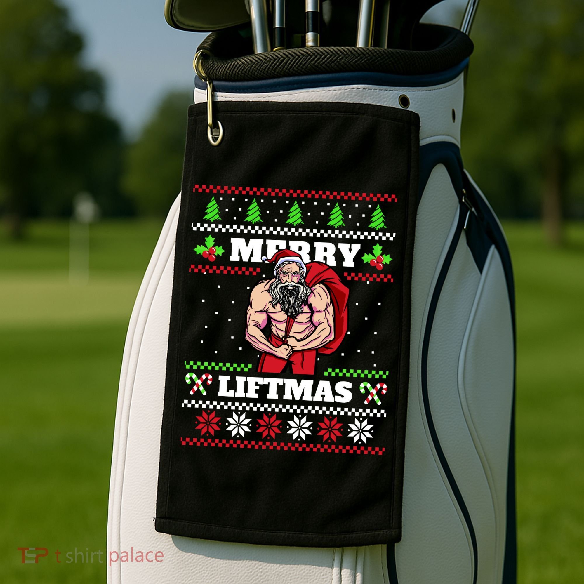Merry Liftmas Funny Lifting Weights Jacked Santa Claus Ugly Christmas Golf Towel
