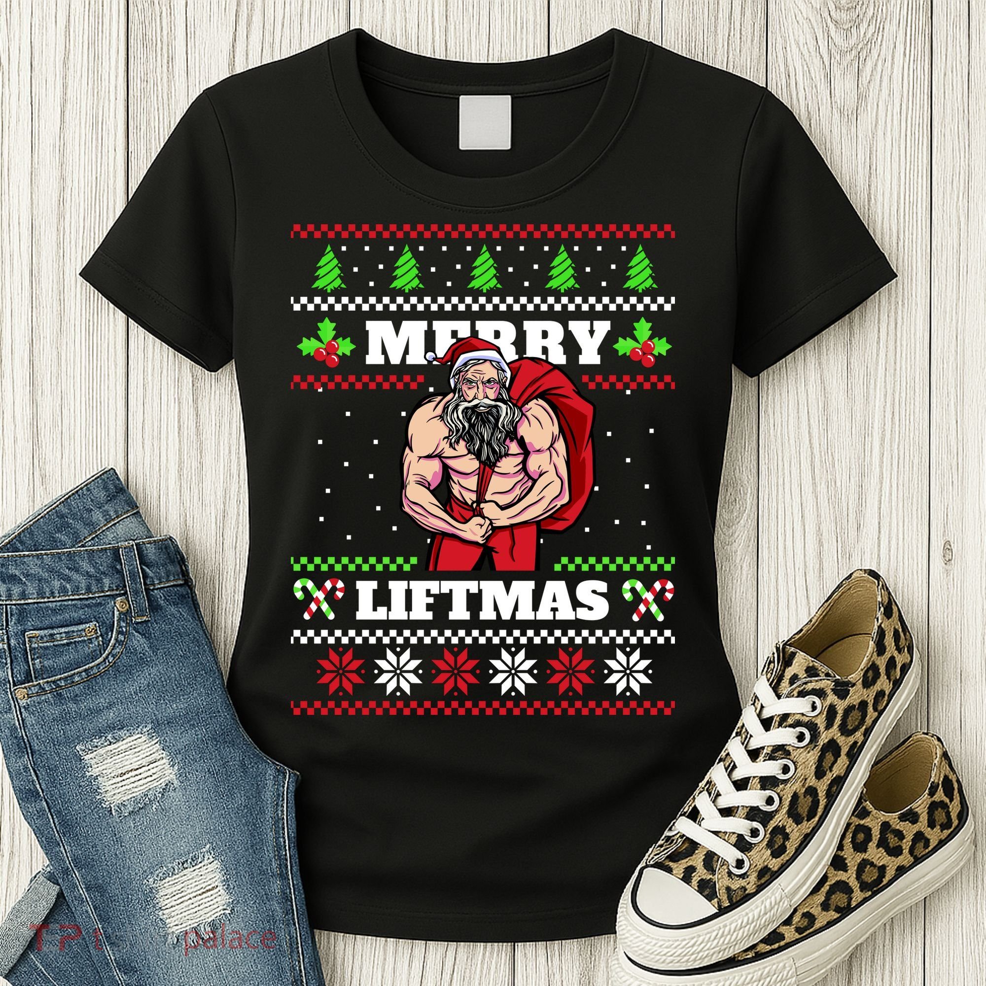 Merry Liftmas Funny Lifting Weights Jacked Santa Claus Ugly Christmas Women's T-Shirt