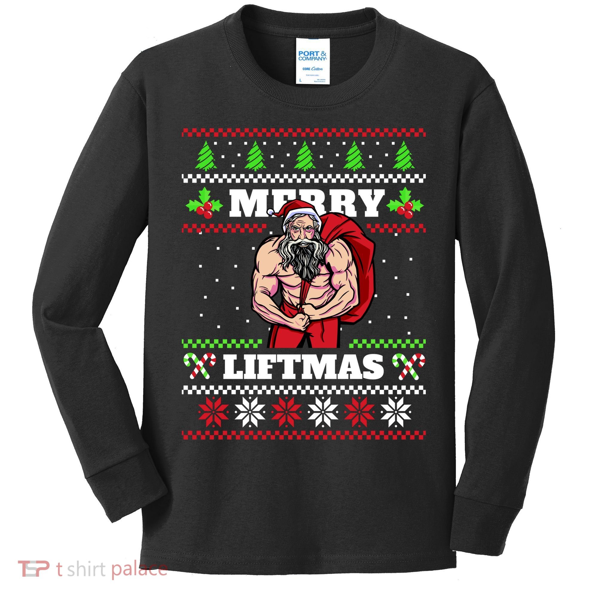 Merry Liftmas Funny Lifting Weights Jacked Santa Claus Ugly Christmas Kids Long Sleeve Shirt