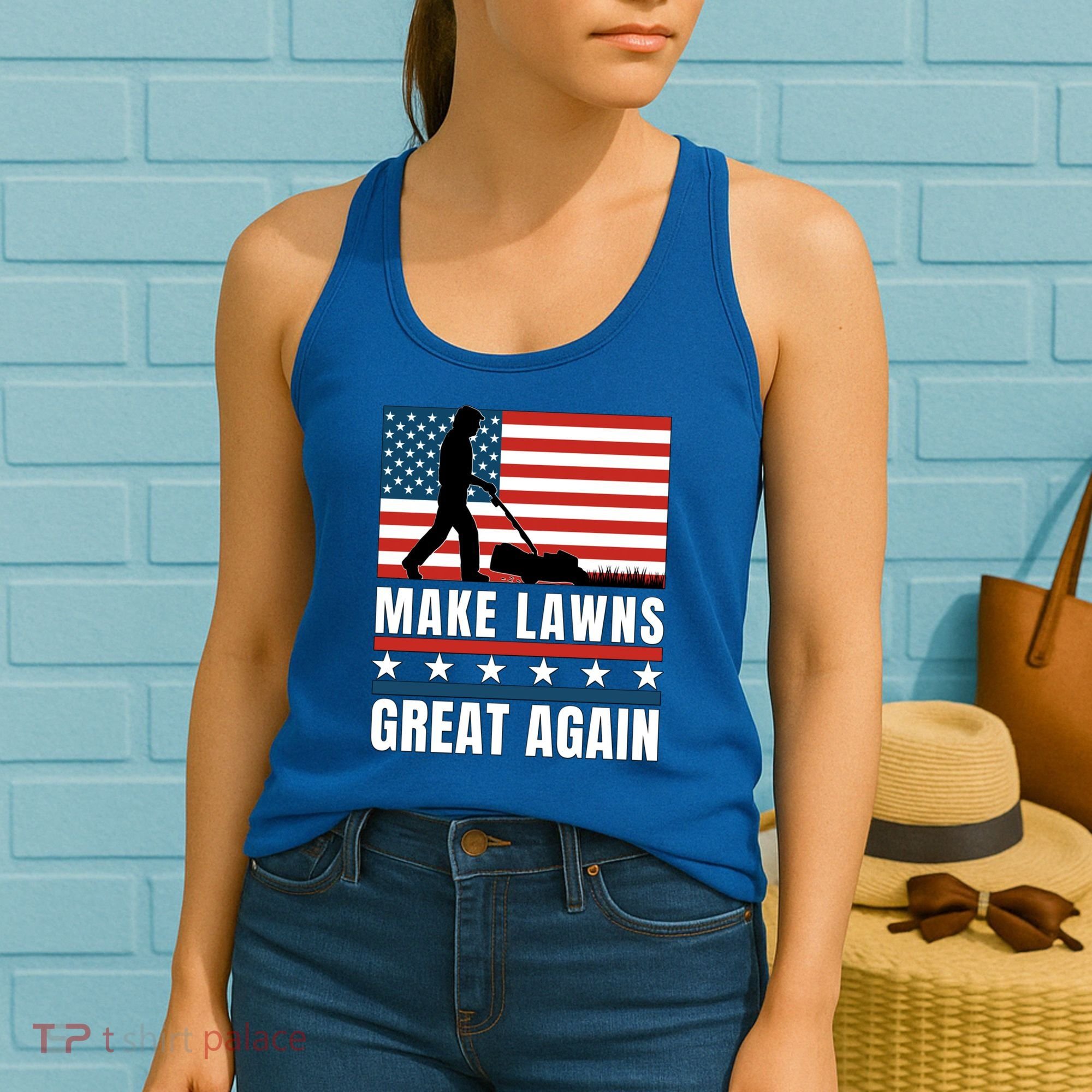 Make Lawns Great Again Funny Lawn Mower Patriotic Usa Flag Gift Women's Tank Top