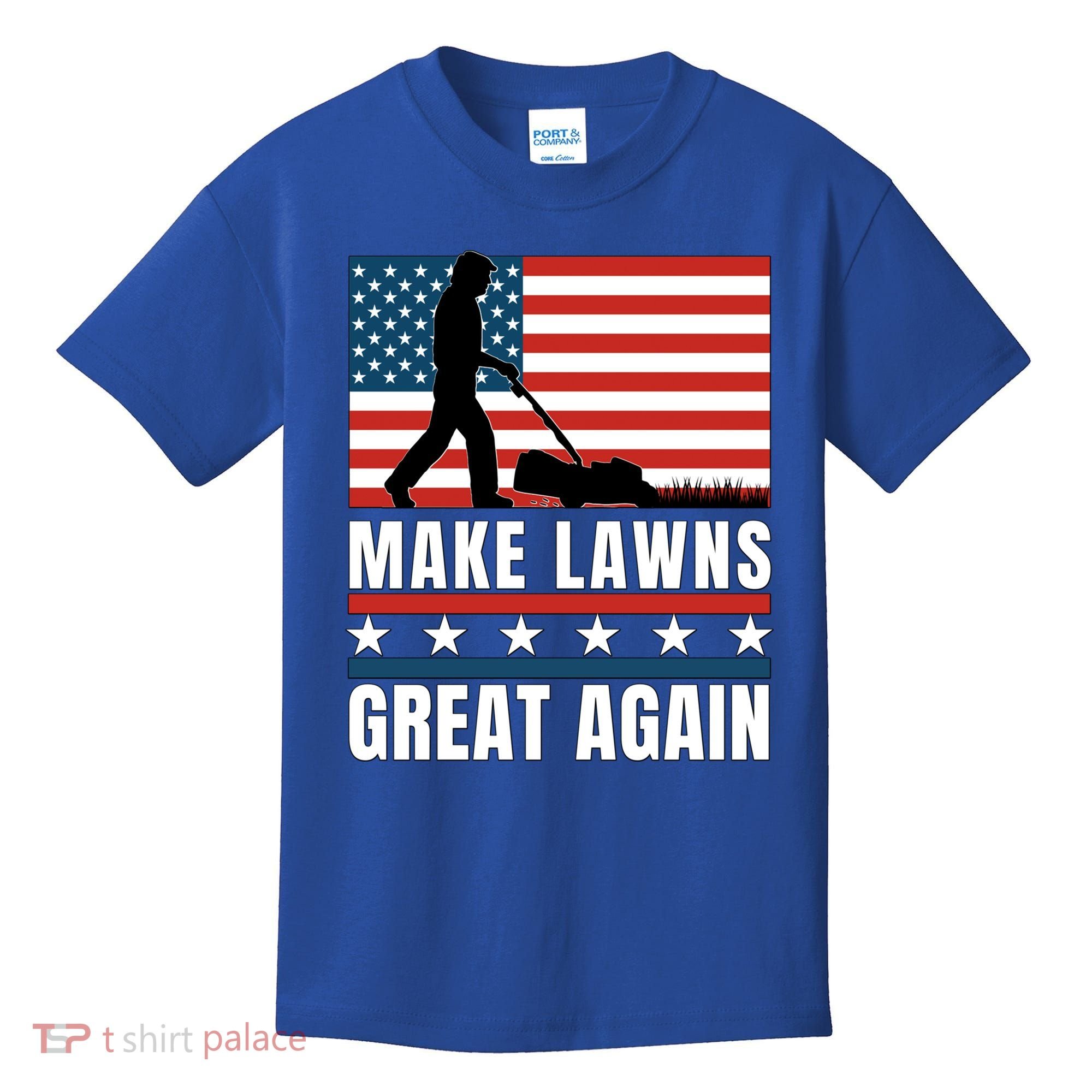 Make Lawns Great Again Funny Lawn Mower Patriotic Usa Flag Gift Kids T-Shirt