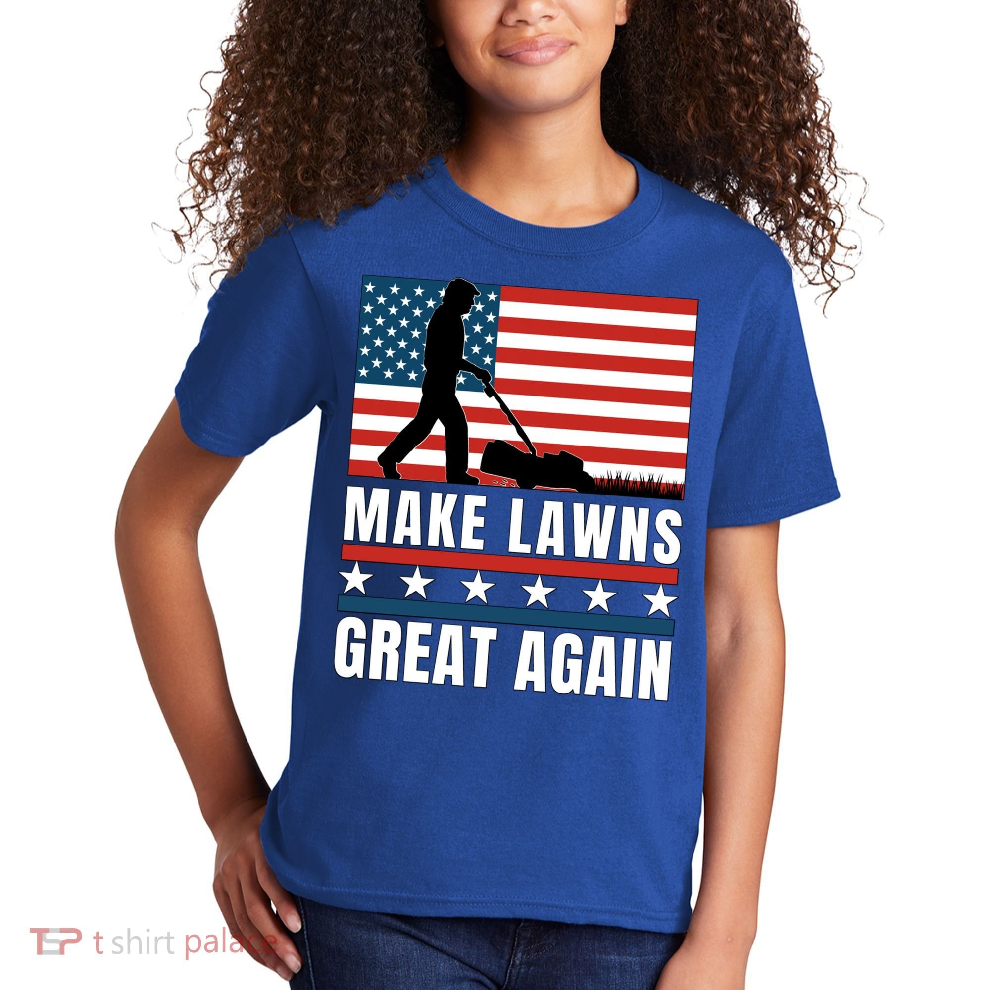 Make Lawns Great Again Funny Lawn Mower Patriotic Usa Flag Gift Kids T-Shirt