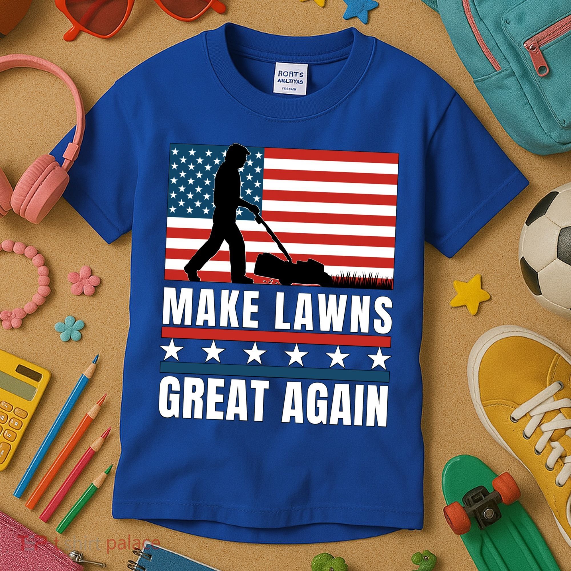 Make Lawns Great Again Funny Lawn Mower Patriotic Usa Flag Gift Kids T-Shirt