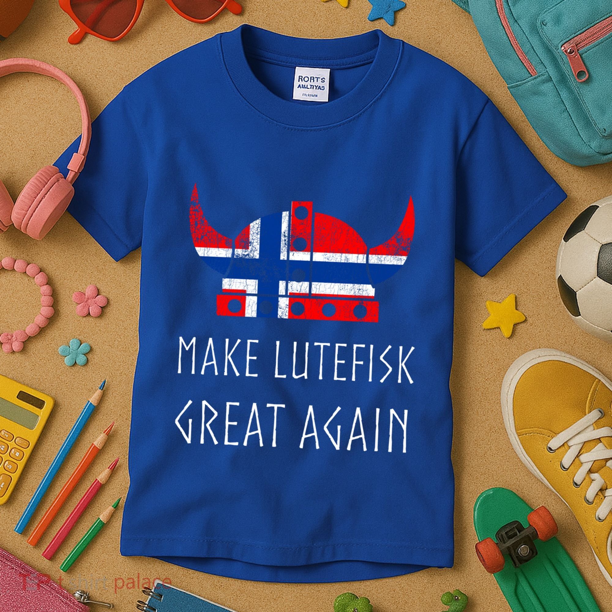 Make Lutefisk Great Again Viking Norwegian Flag Funny Cute Gift Kids T-Shirt