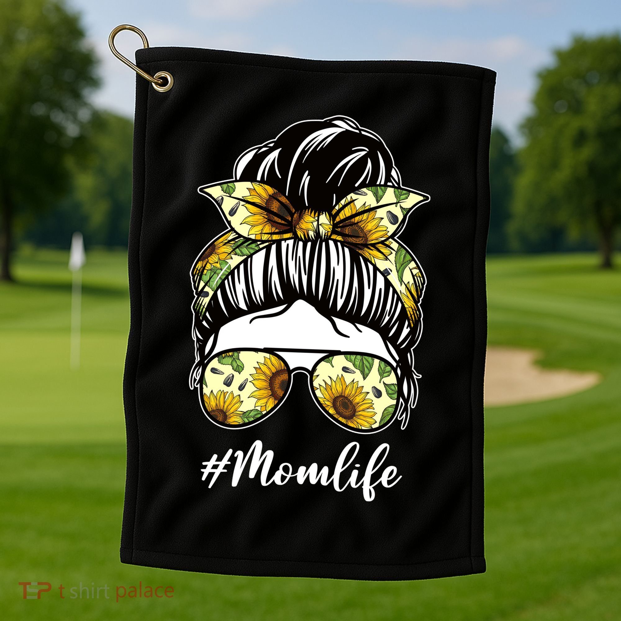 Mom Life Hair Bun Sunflower Cute Gift Golf Towel