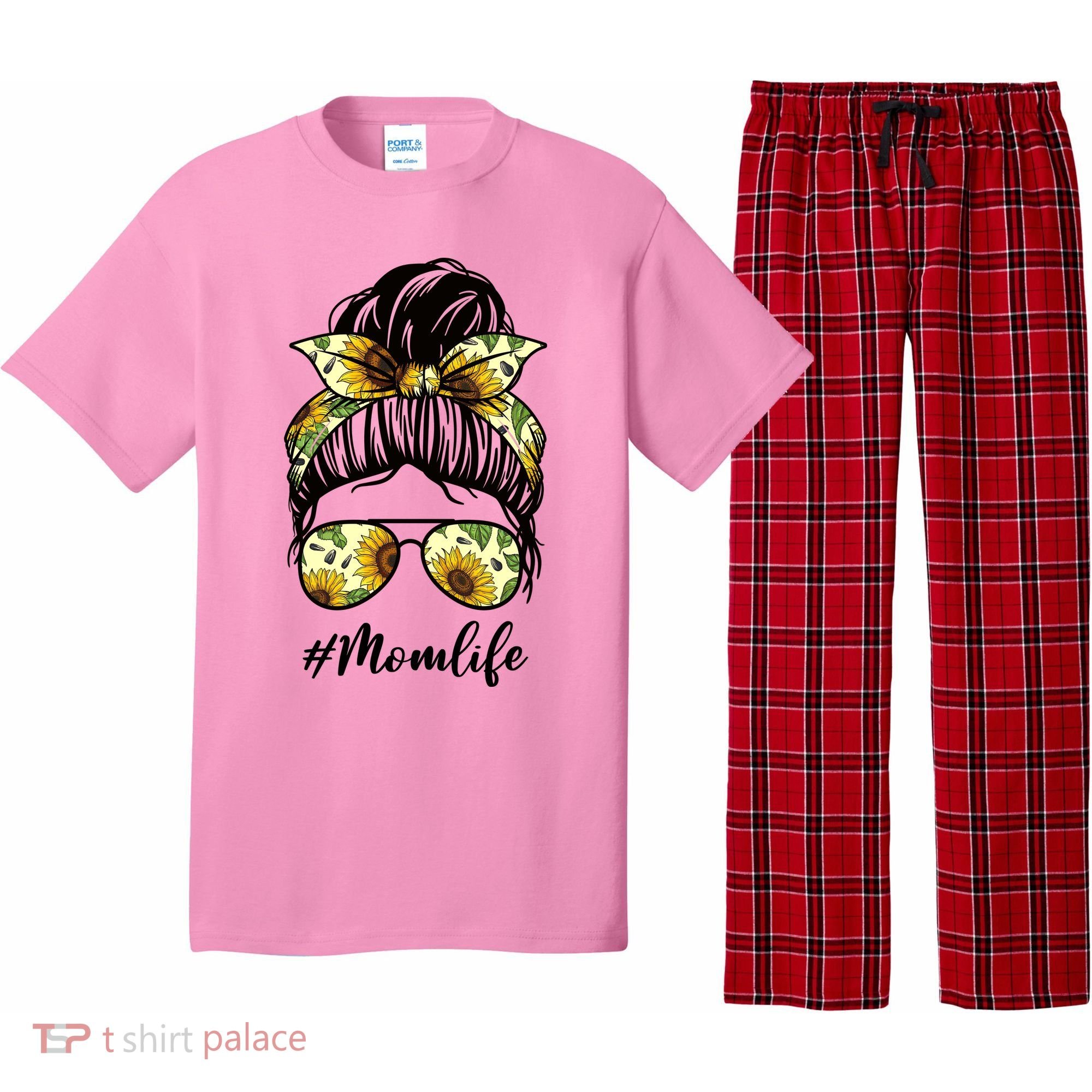 Mom Life Hair Bun Sunflower Cute Gift Pajama Set